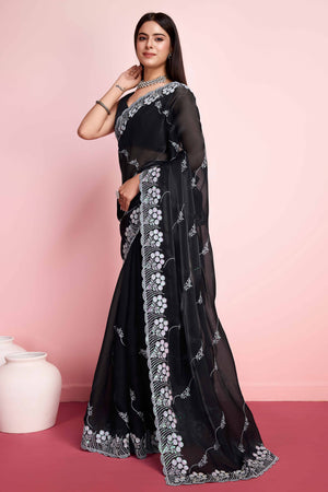 Black Floral Sequins Embroidered Jimmy Choo Tissue Saree