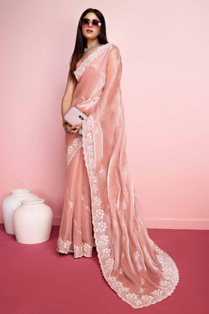 Peach Floral Sequins Embroidered Jimmy Choo Tissue Saree