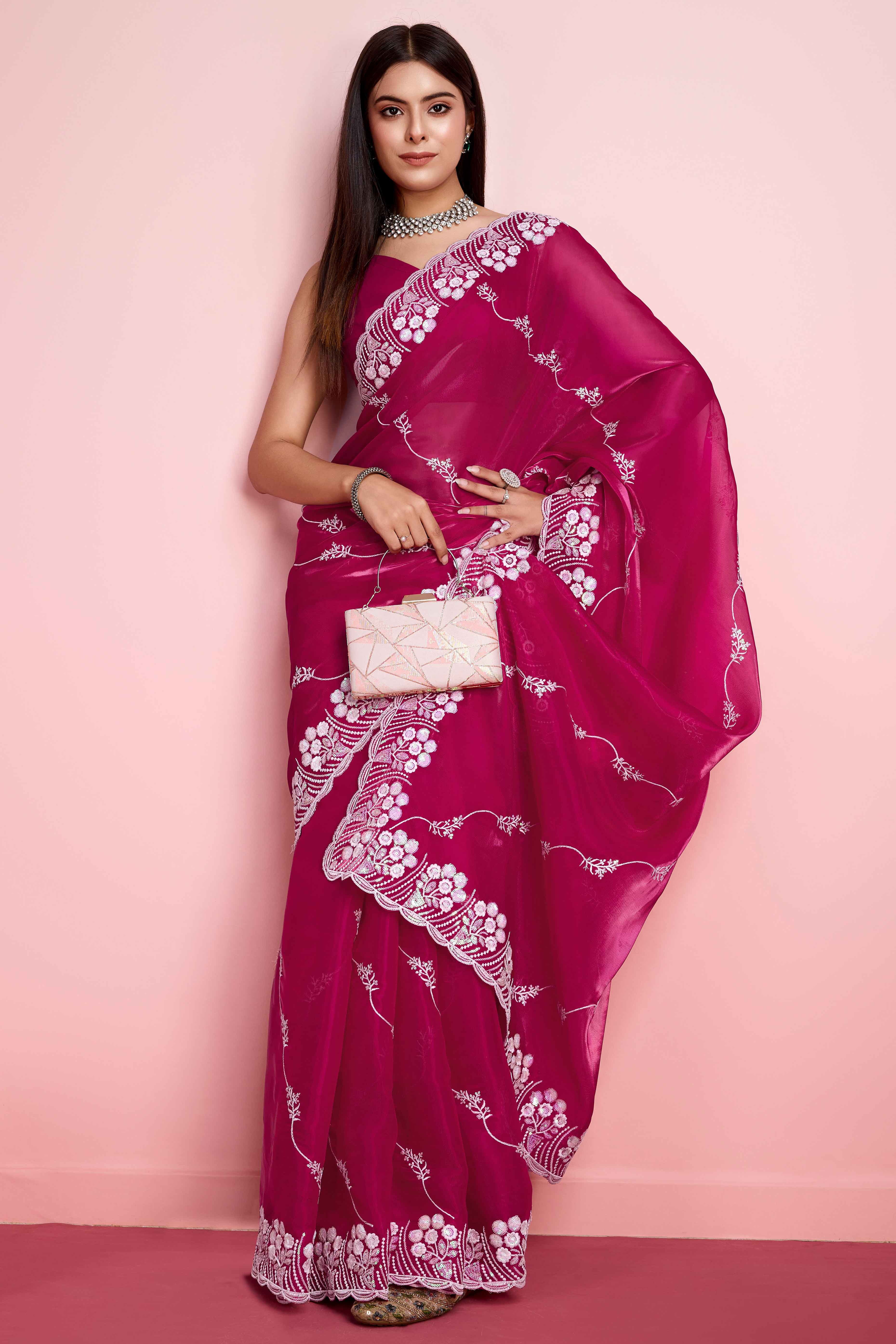 Rani Pink Floral Sequins Embroidered Jimmy Choo Tissue Saree