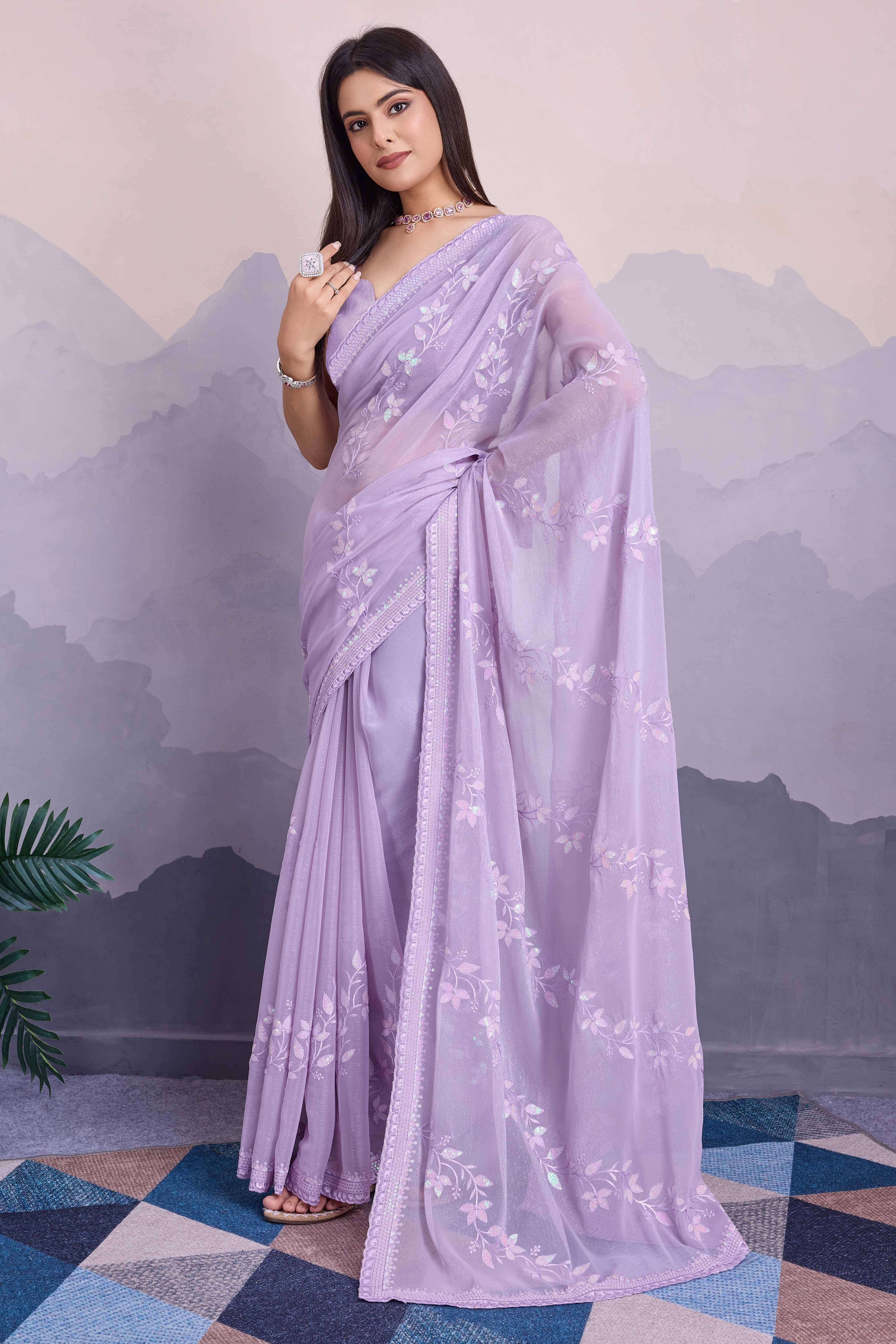 Light Purple Floral Sequins Embroidered Chiffon Saree