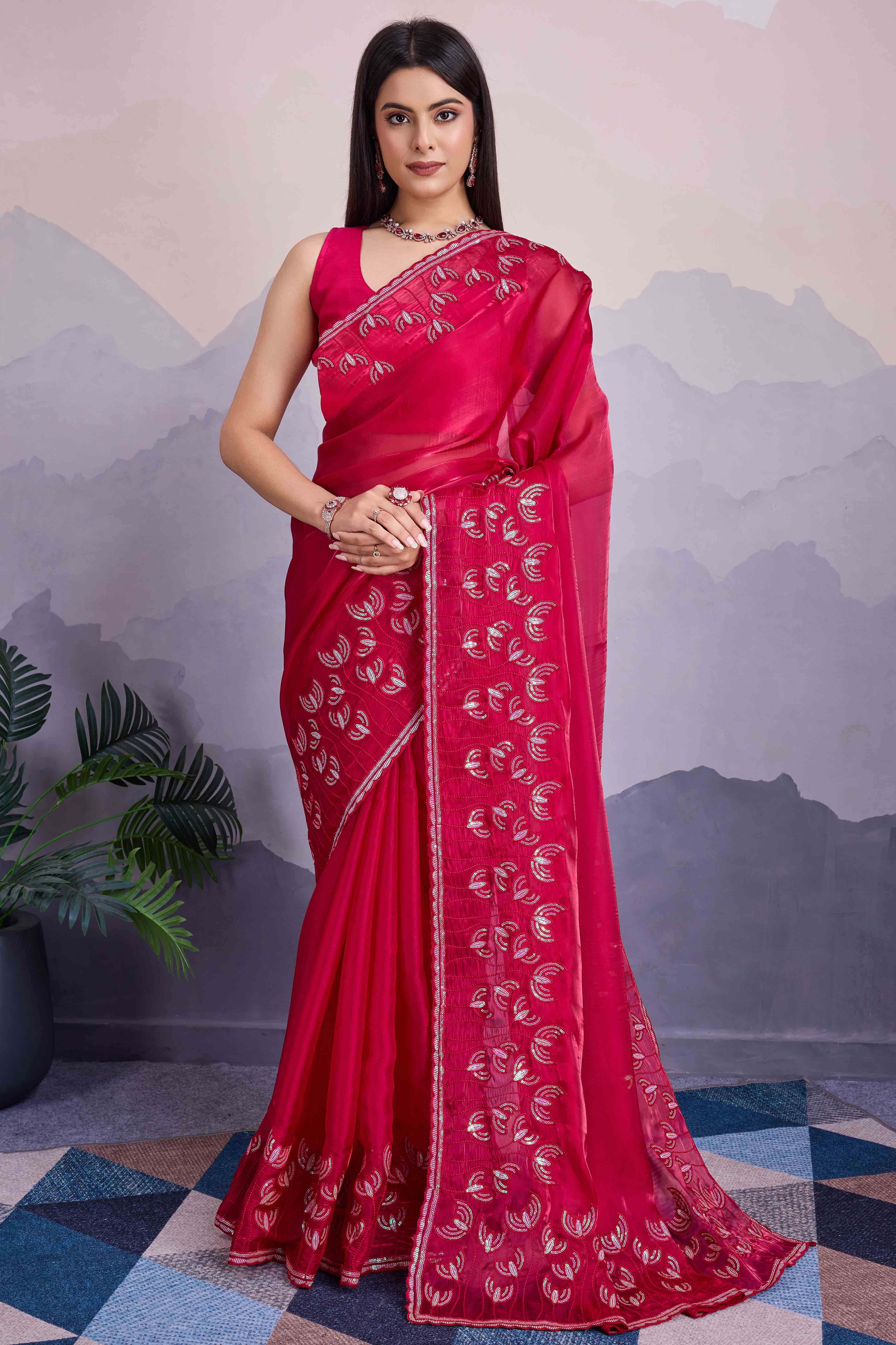 Pink Floral Sequins Embroidered Jimmi Choo Zoya Silk Saree