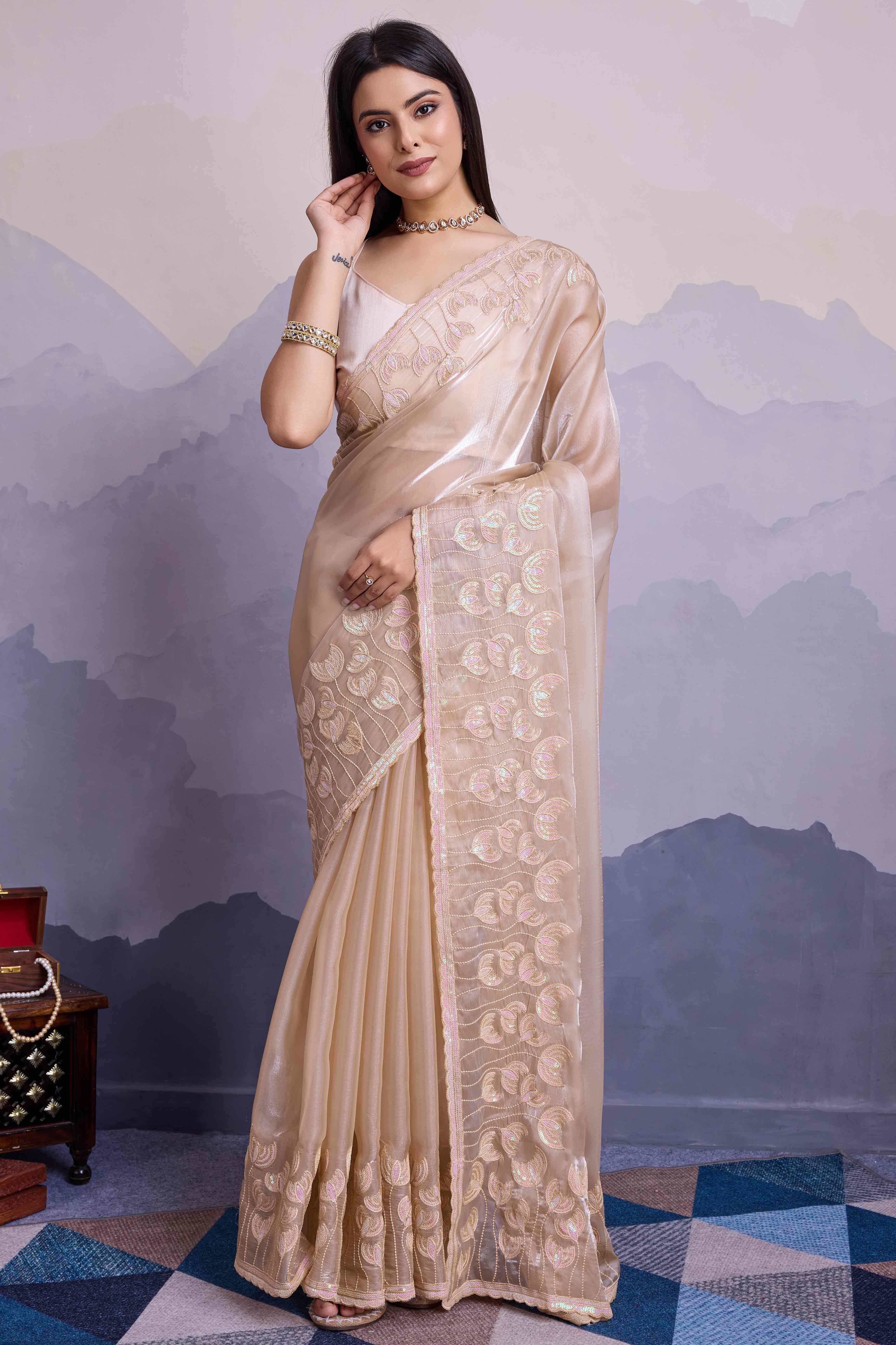 Cream Floral Sequins Embroidered Jimmi Choo Zoya Silk Saree