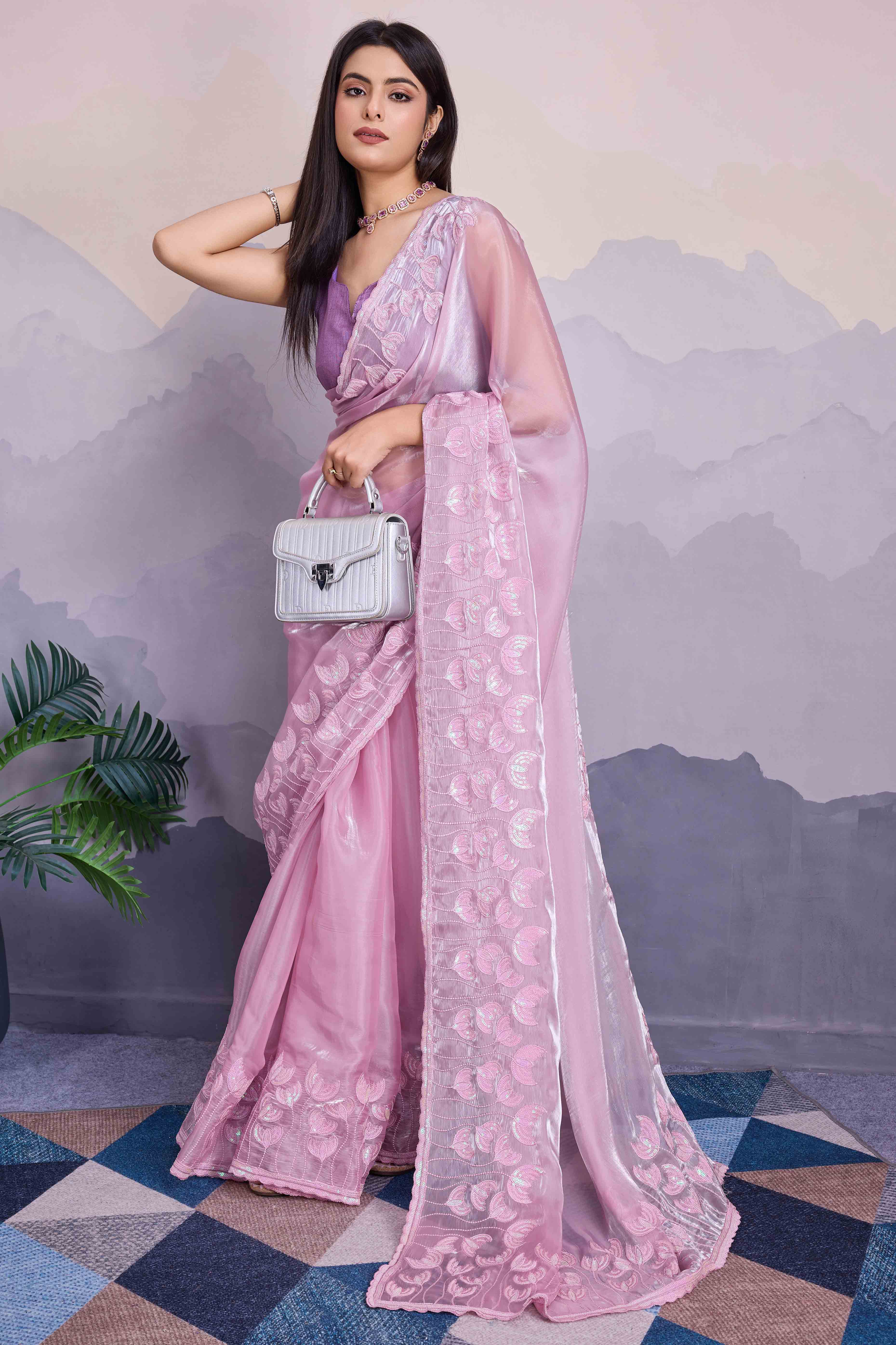 Light Purple Floral Sequins Embroidered Jimmi Choo Zoya Silk Saree