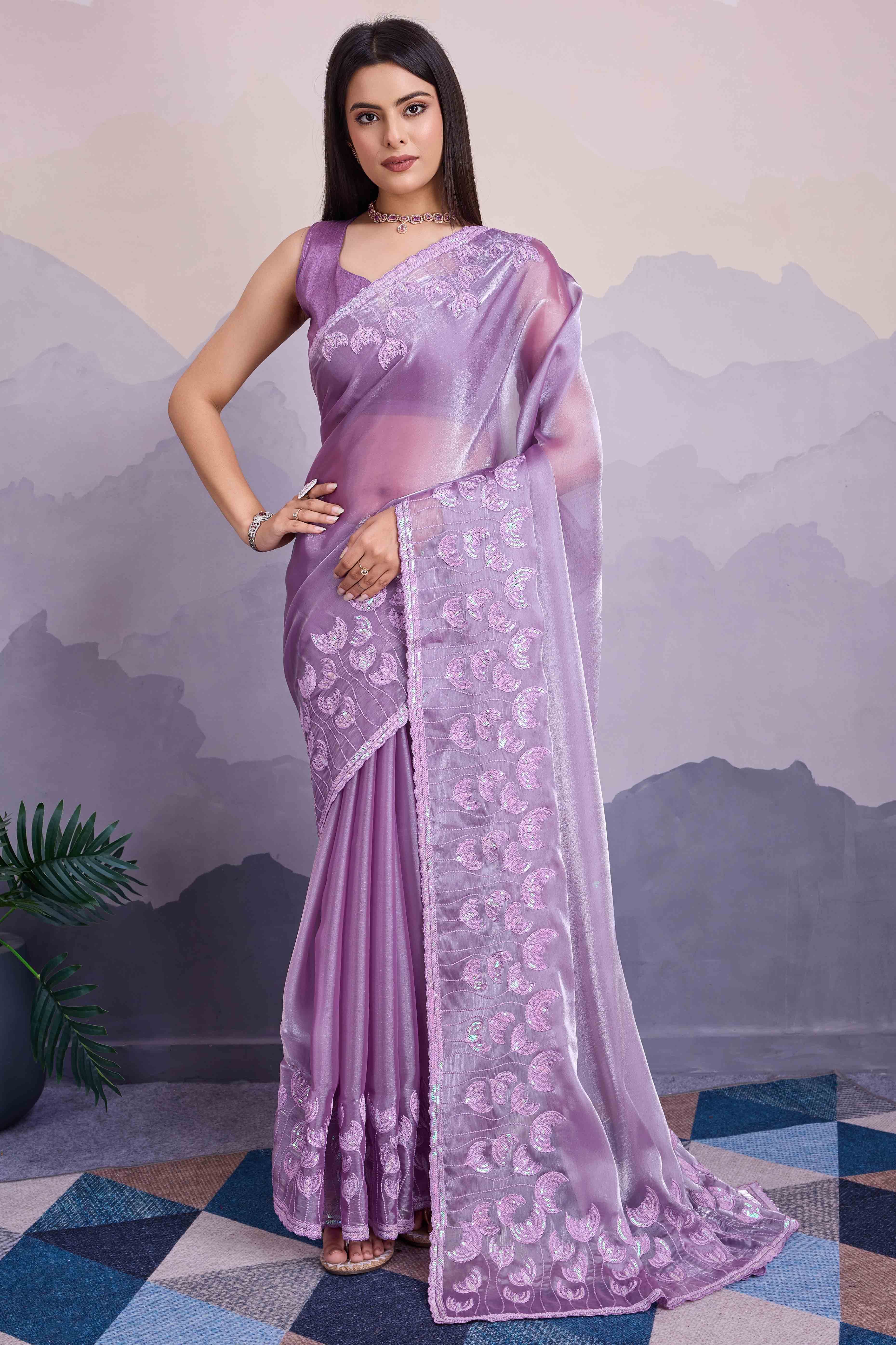 Lavender Floral Sequins Embroidered Jimmi Choo Zoya Silk Saree