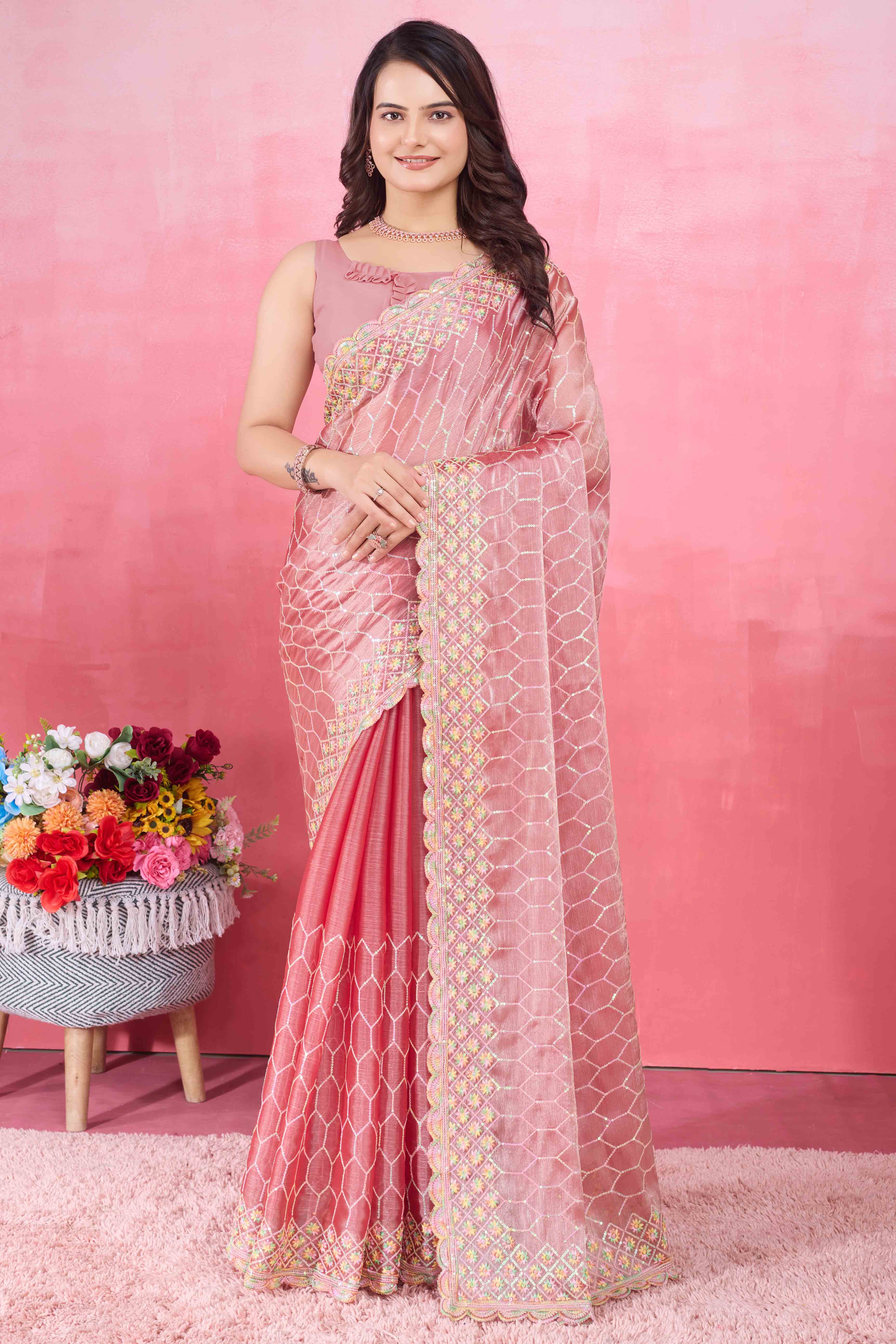 Gajari Pink Floral Sequins Embroidered Mulberry Silk Saree