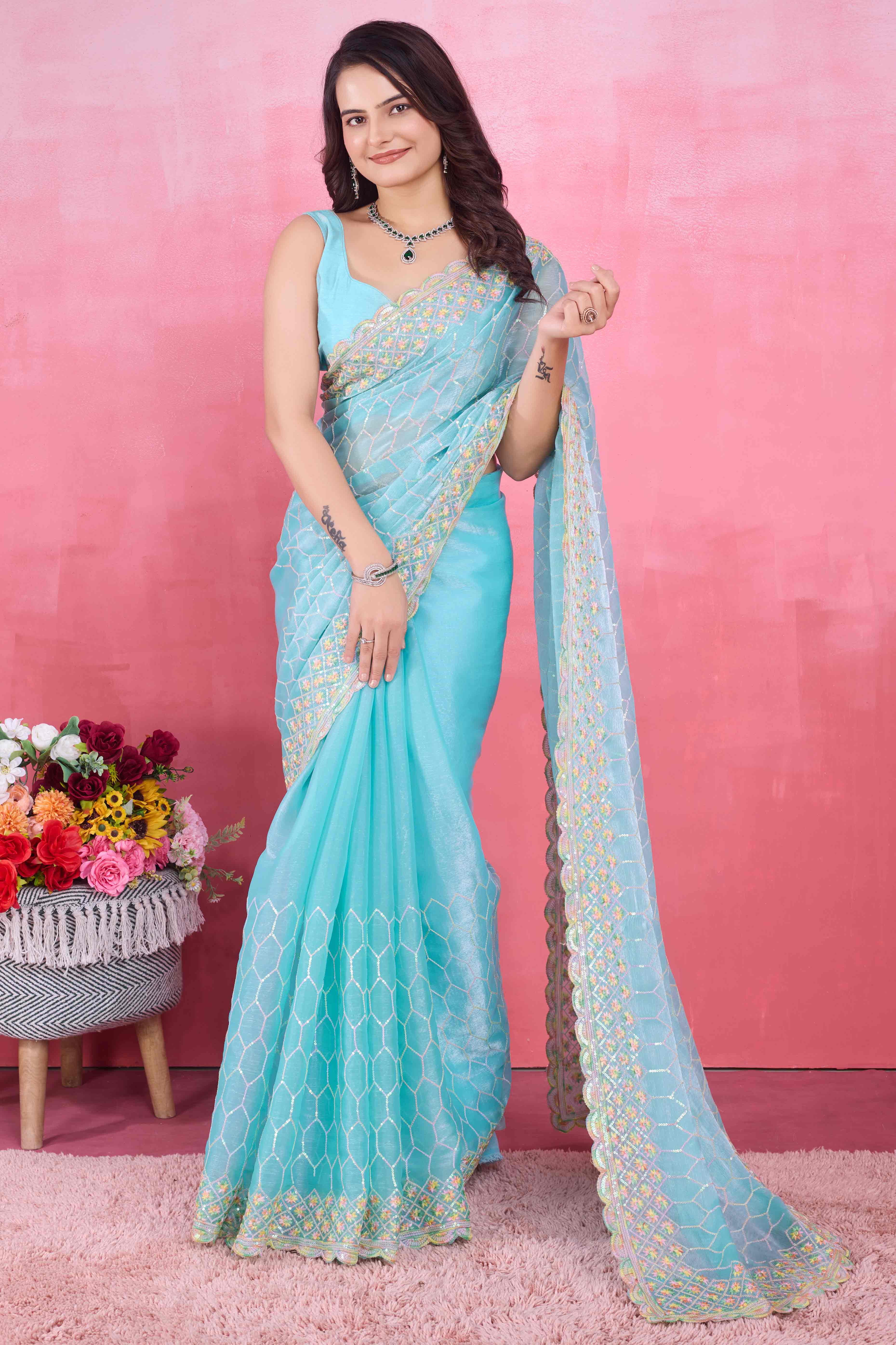 Blue Floral Sequins Embroidered Mulberry Silk Saree