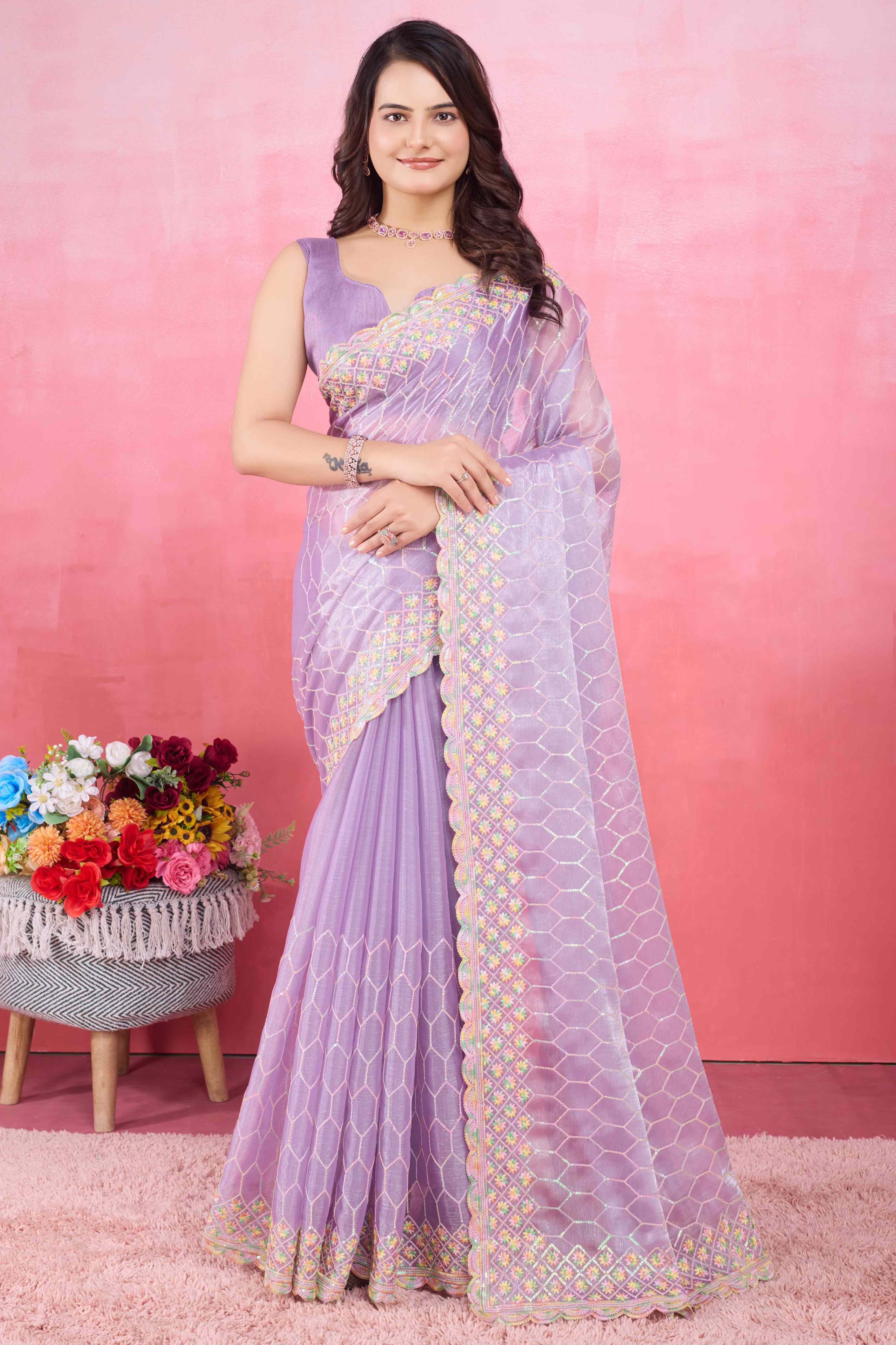 Lavender Floral Sequins Embroidered Mulberry Silk Saree