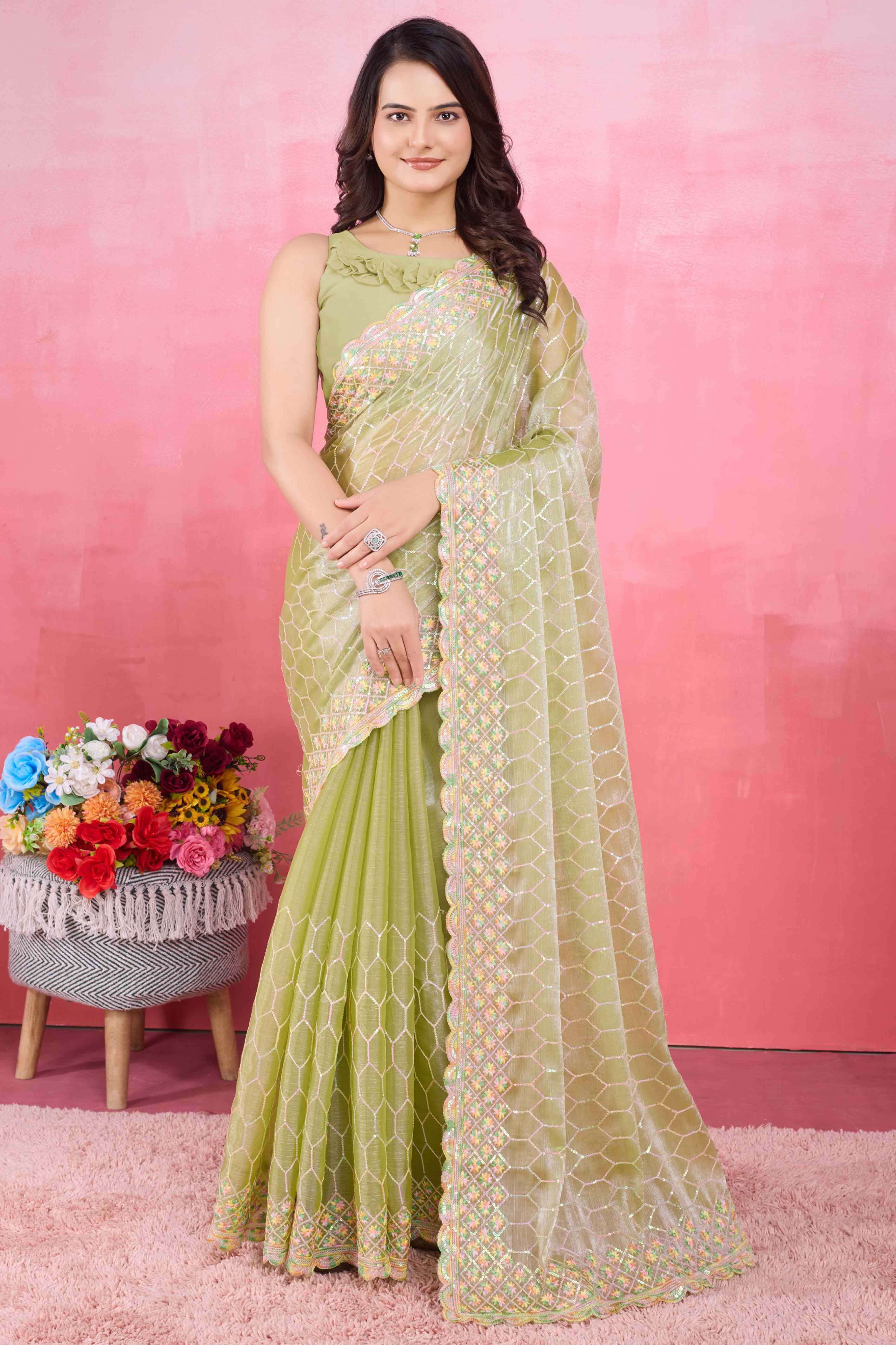 Green Floral Sequins Embroidered Mulberry Silk Saree