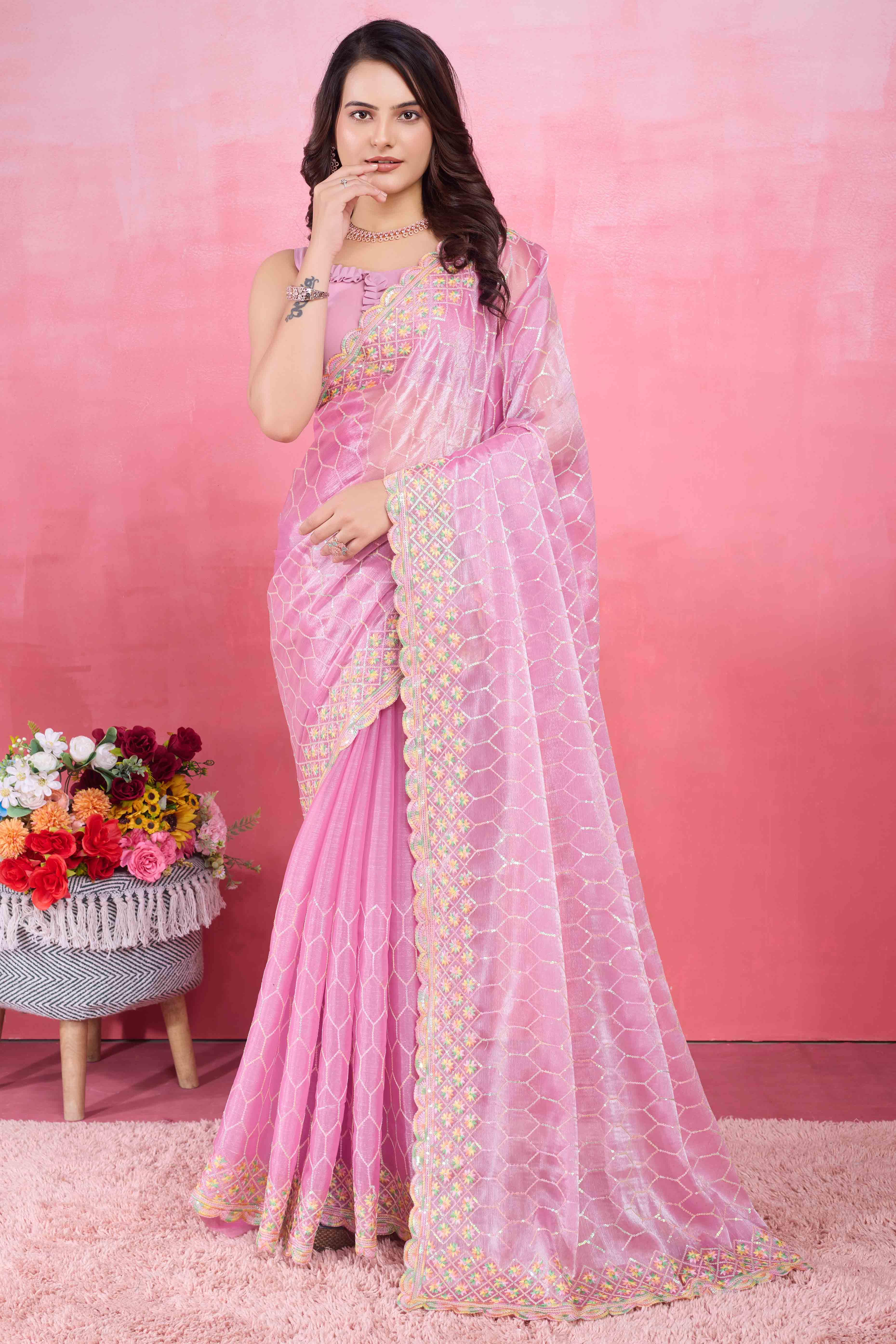 Pink Floral Sequins Embroidered Mulberry Silk Saree