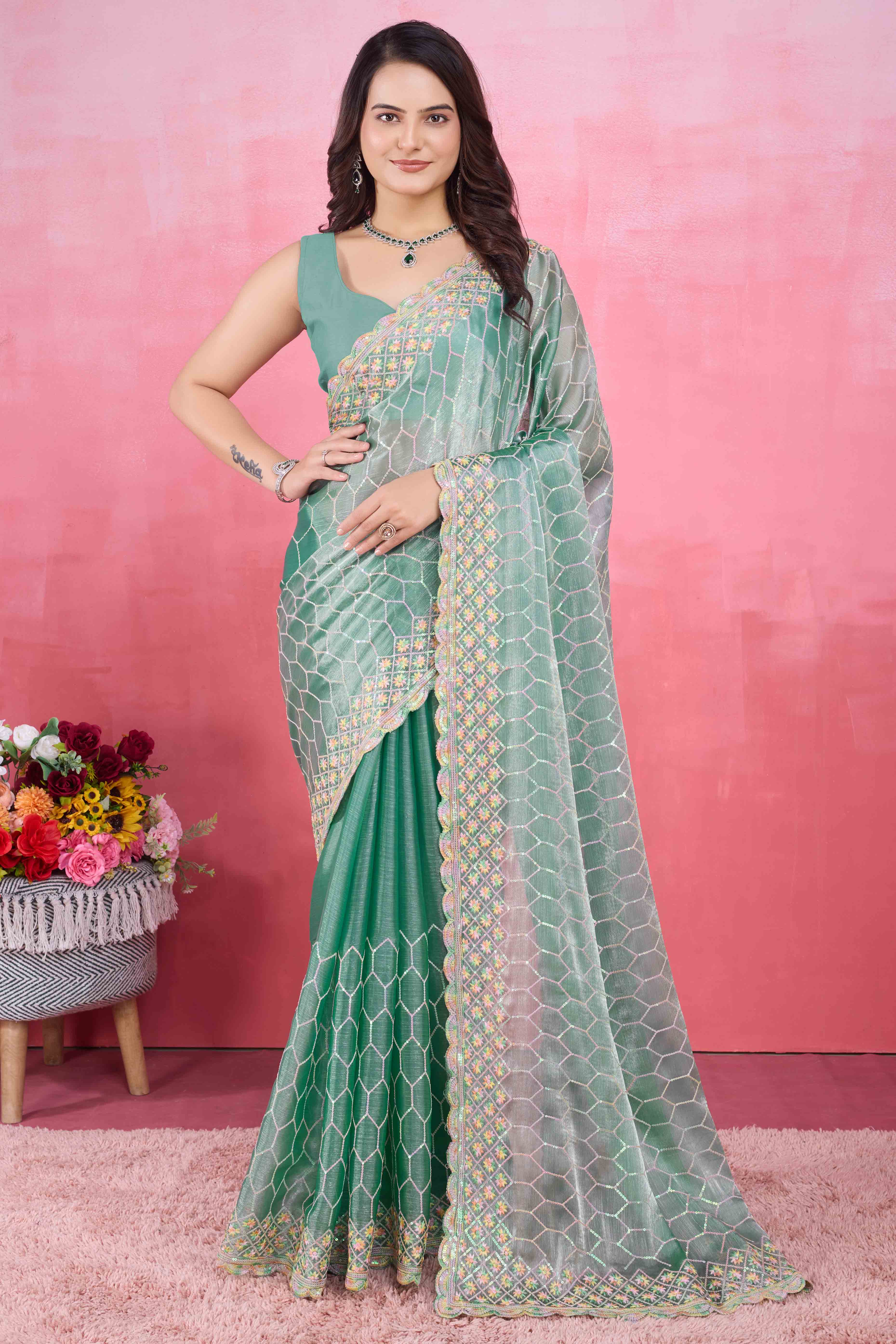 Rama Green Floral Sequins Embroidered Mulberry Silk Saree