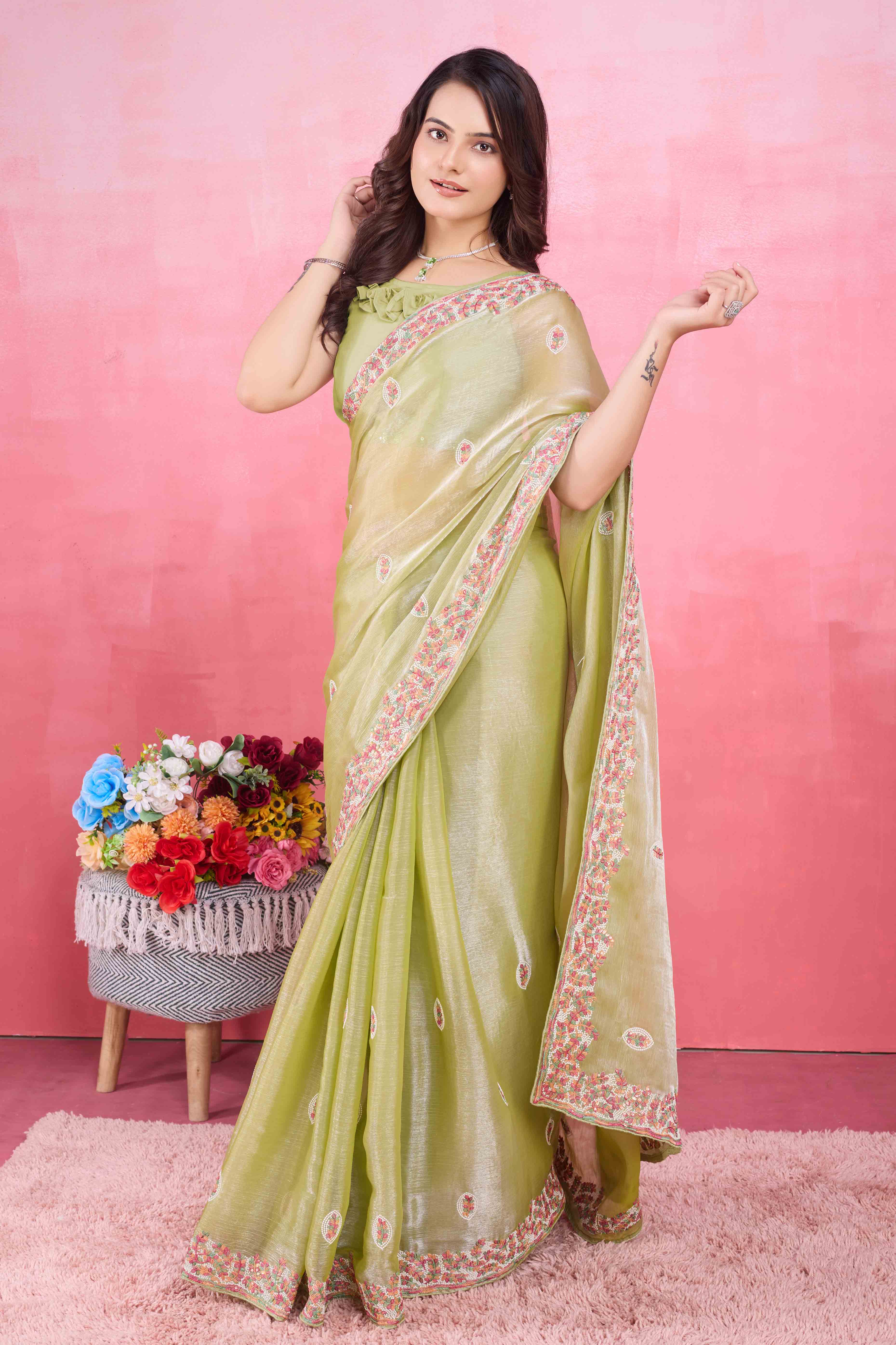 Green Floral Sequins Embroidered Mulberry Silk Saree