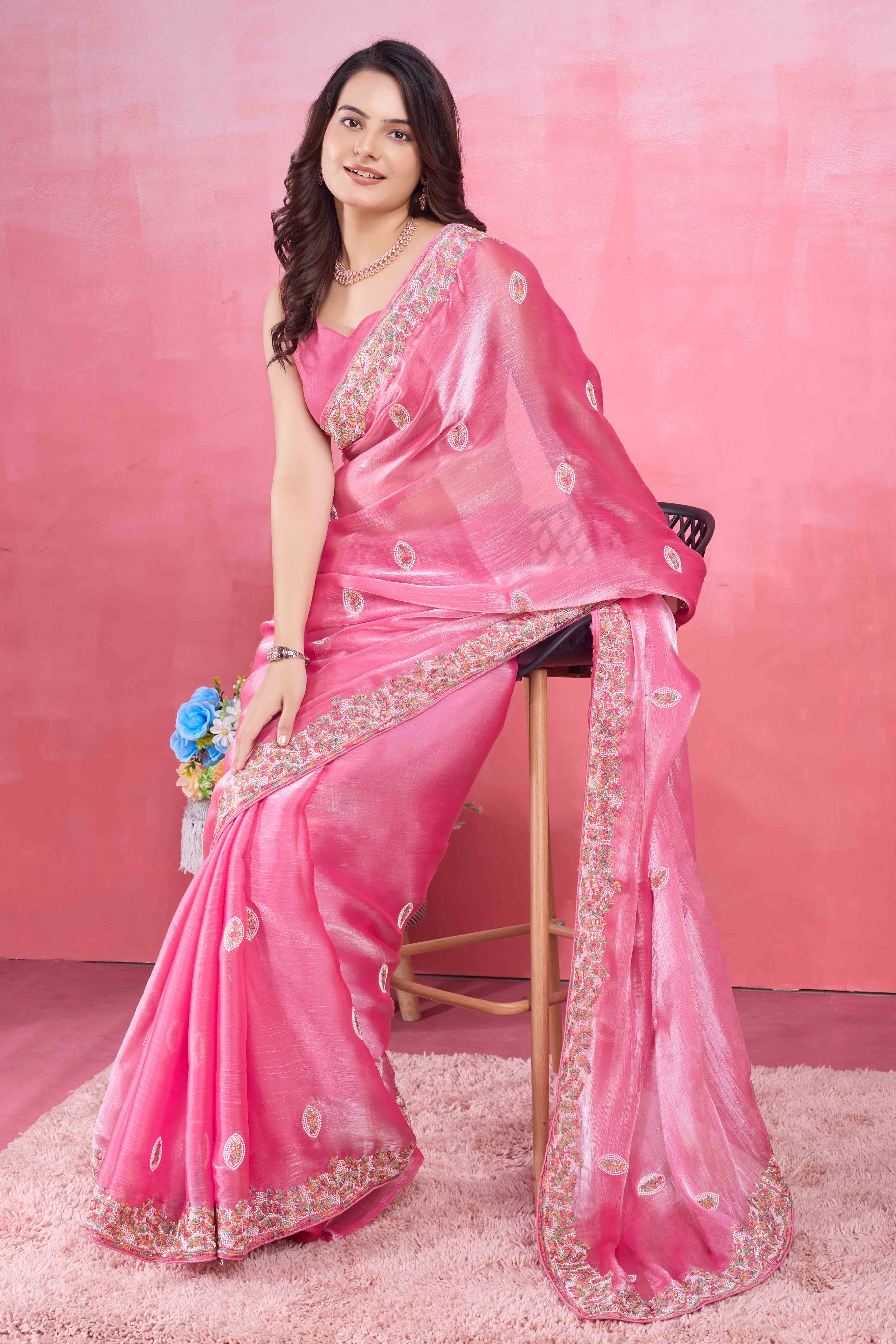 Pink Floral Sequins Embroidered Mulberry Silk Saree