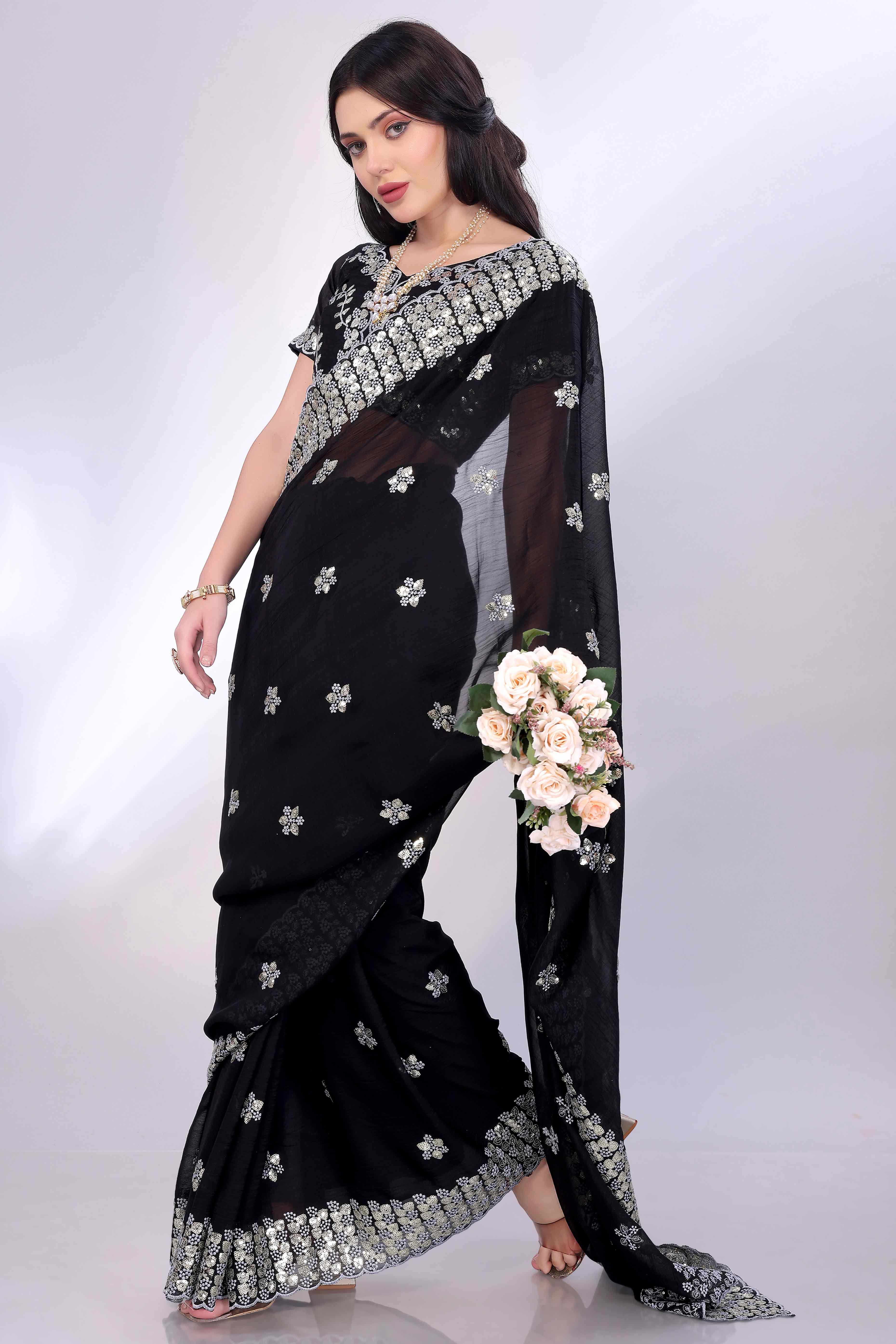 Black Crunchy Organza Silk Saree Adorned With Intricate Floral Sequins Embroidery