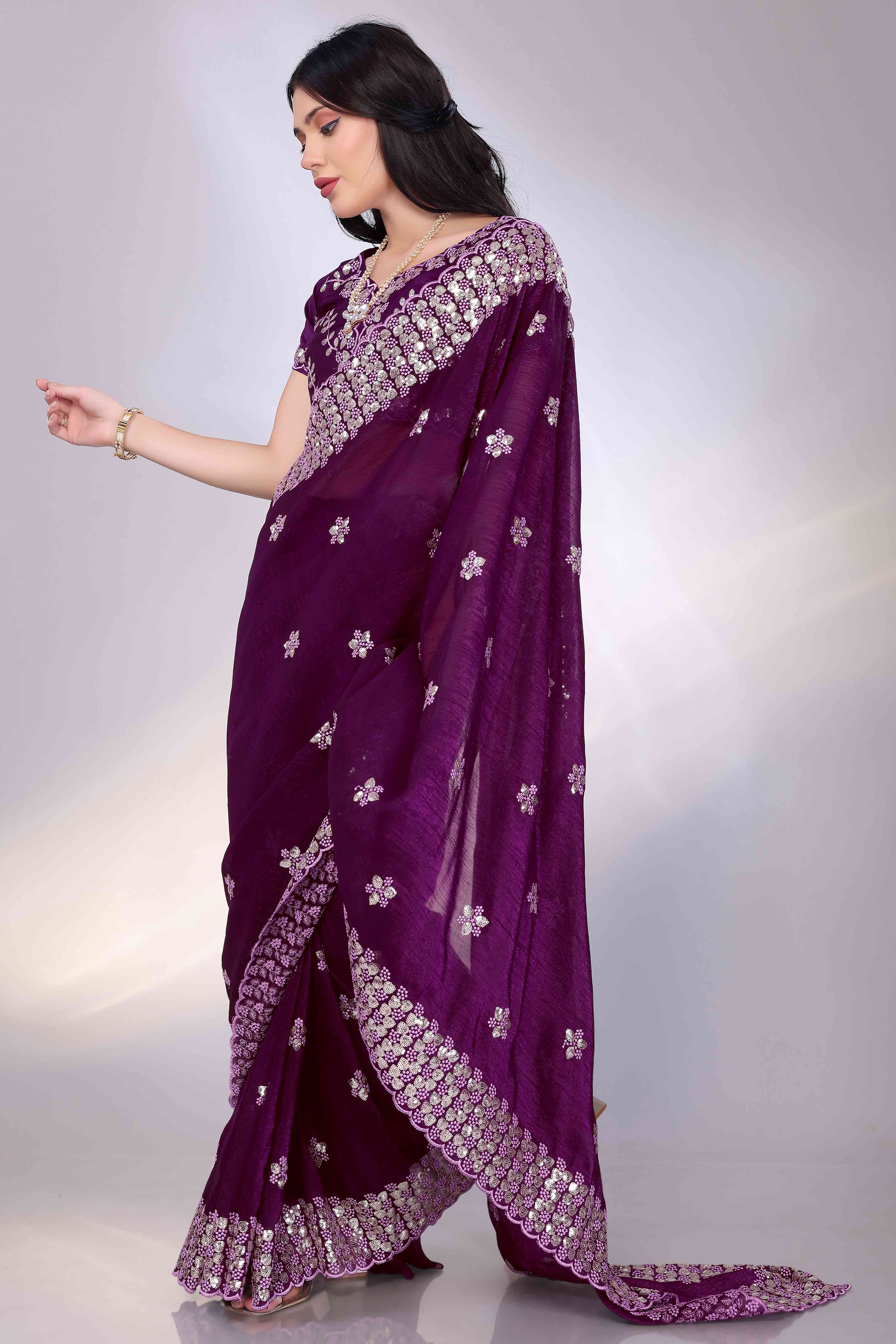 Wine Crunchy Organza Silk Saree Adorned With Intricate Floral Sequins Embroidery