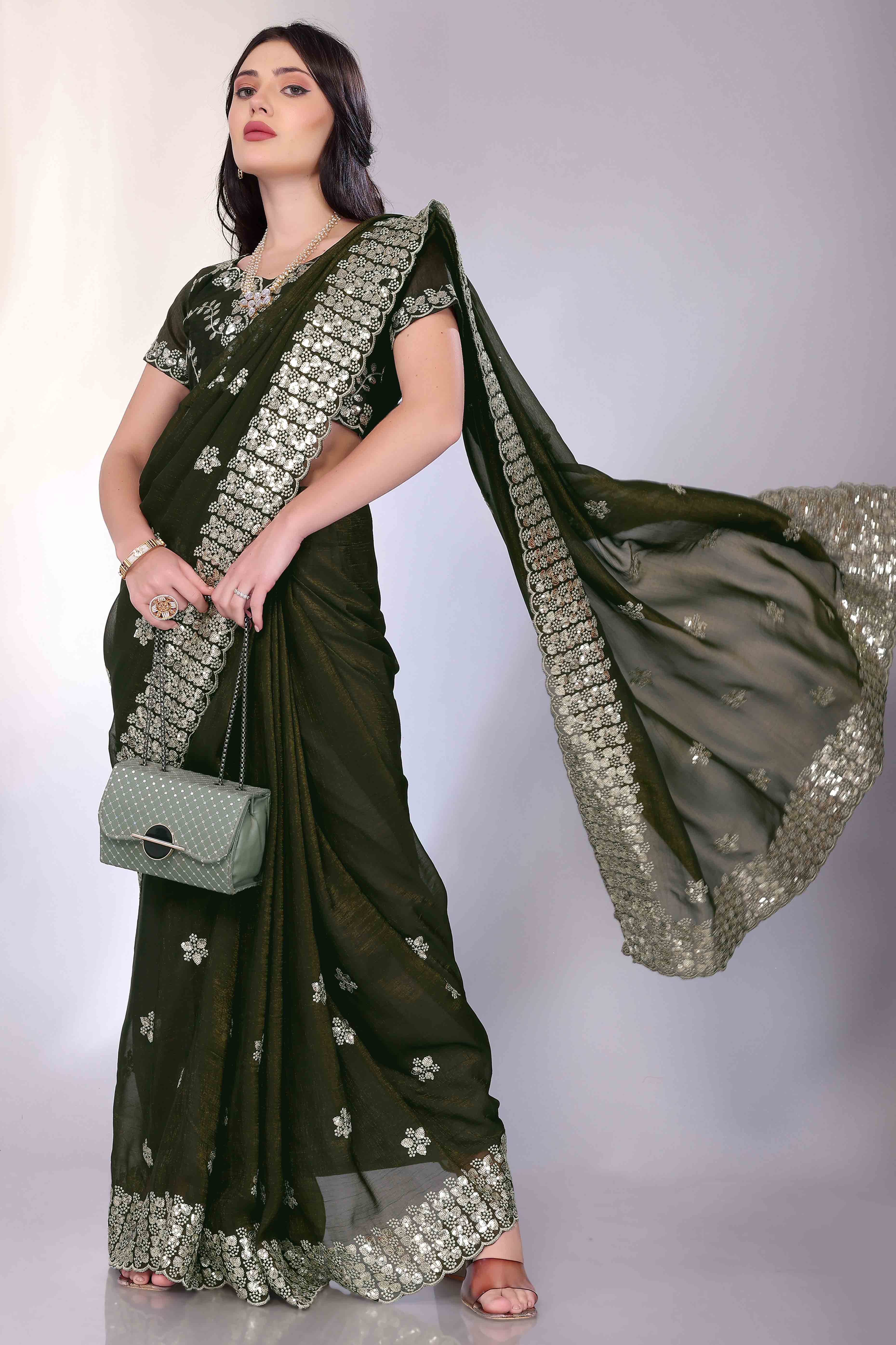 Green Crunchy Organza Silk Saree Adorned With Intricate Floral Sequins Embroidery