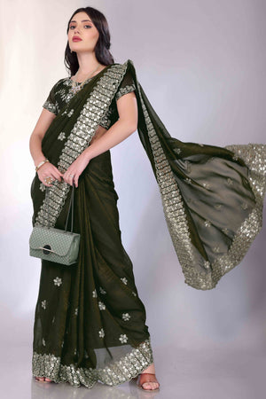 Green Crunchy Organza Silk Saree Adorned With Intricate Floral Sequins Embroidery