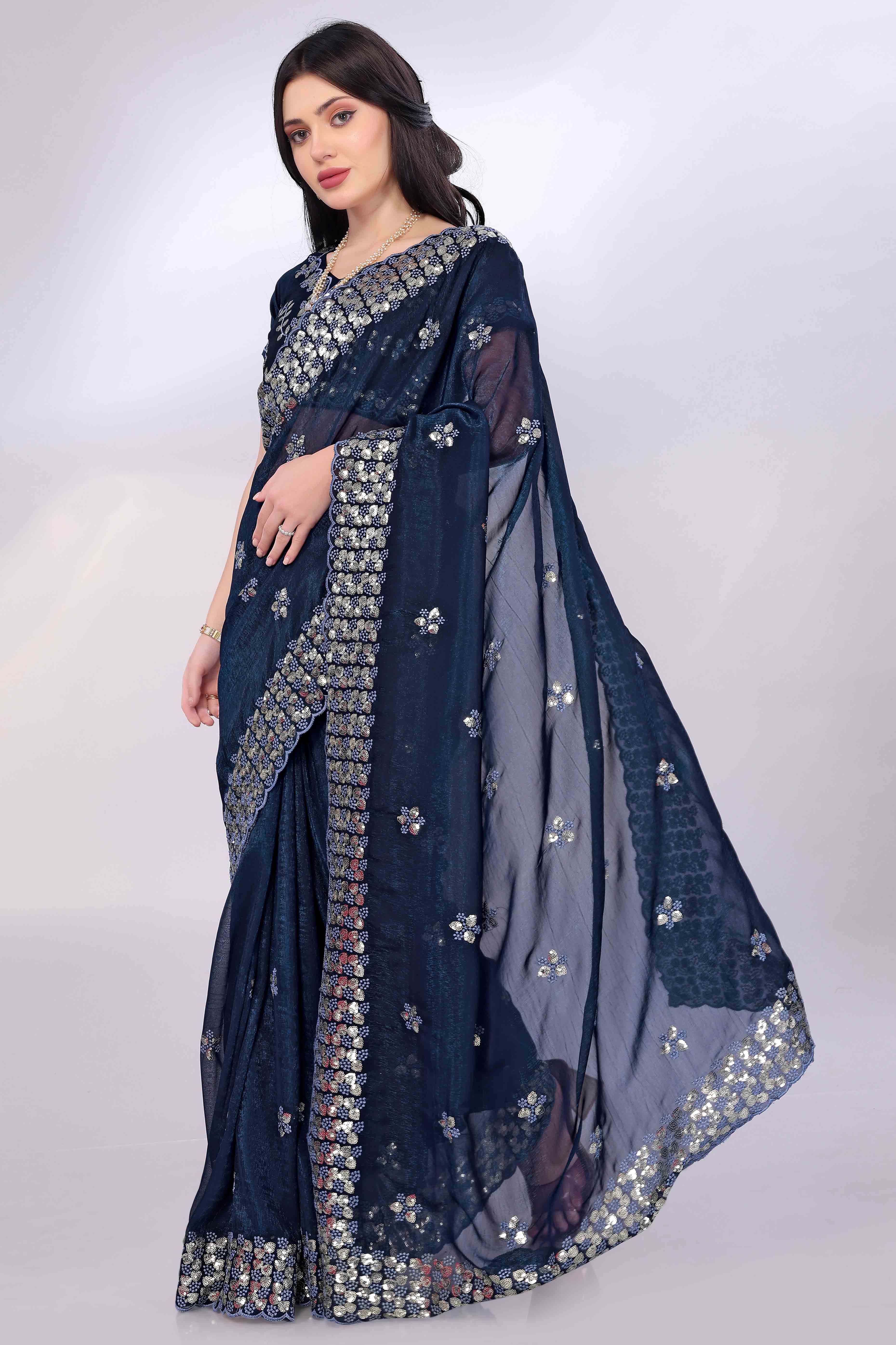 Blue Crunchy Organza Silk Saree Adorned With Intricate Floral Sequins Embroidery