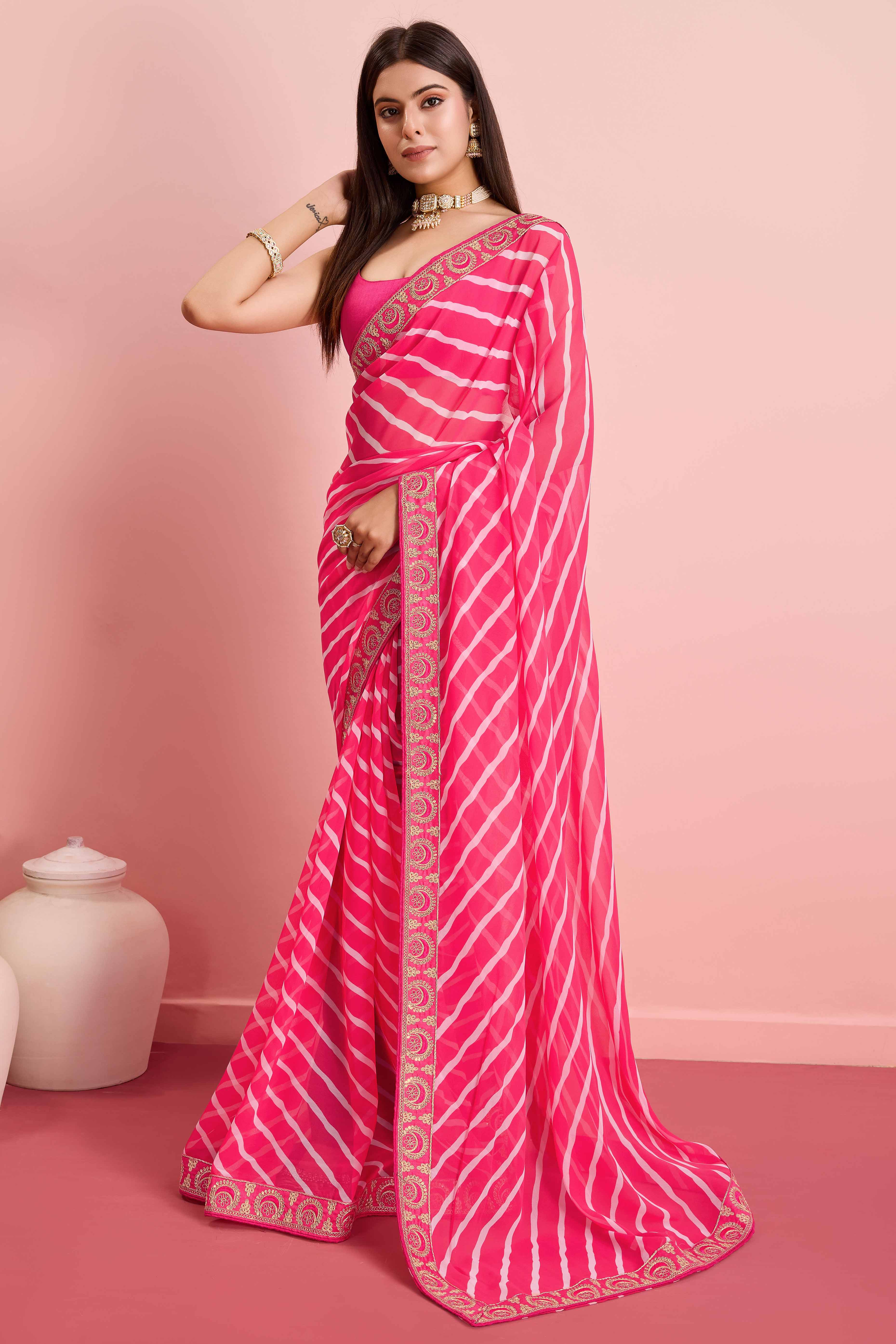 Elegant Pink Leheriya Printed Saree in Flowing Georgette