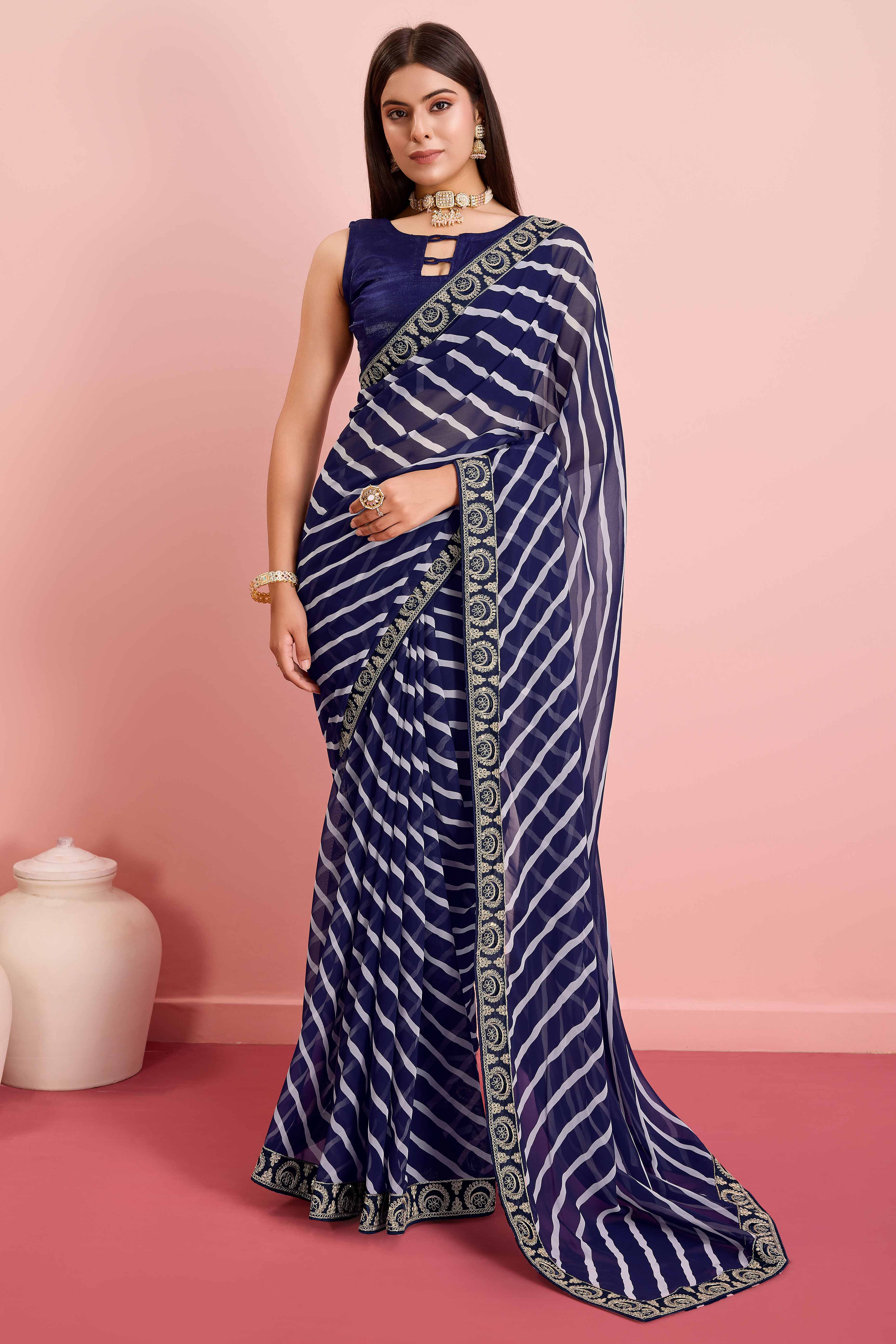 Elegant Blue Leheriya Printed Saree in Flowing Georgette
