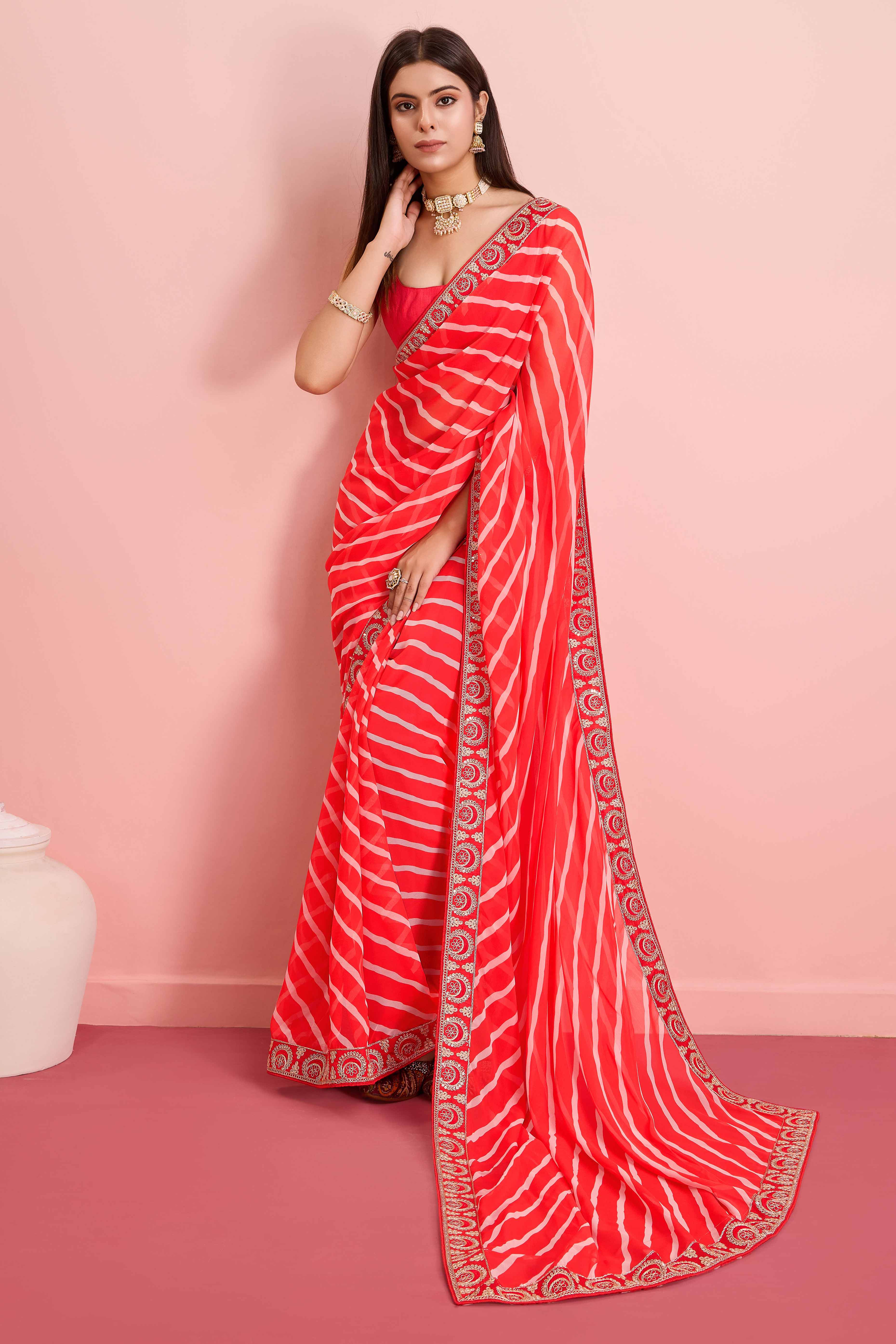 Elegant Red Leheriya Printed Saree in Flowing Georgette
