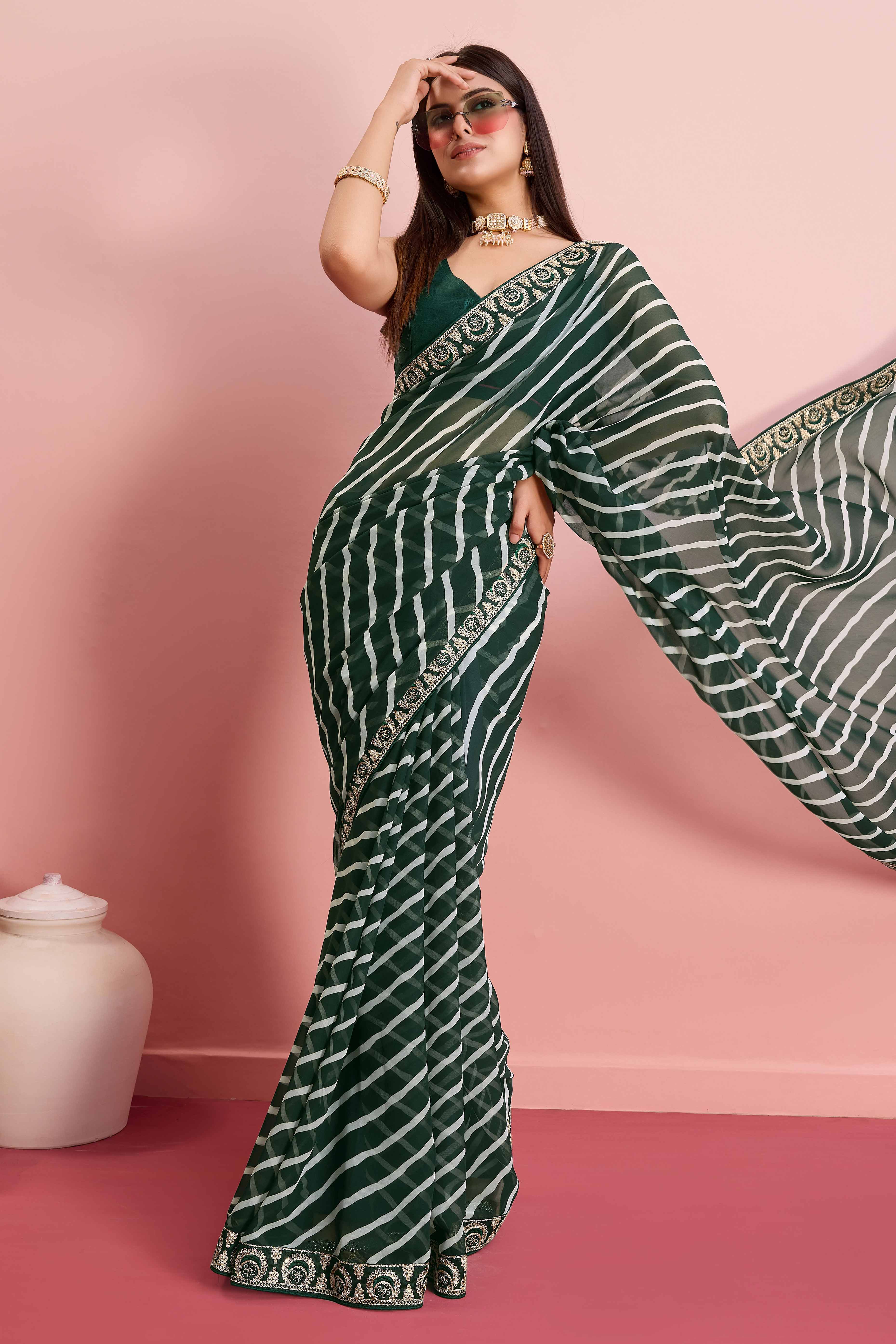 Elegant Green Leheriya Printed Saree in Flowing Georgette