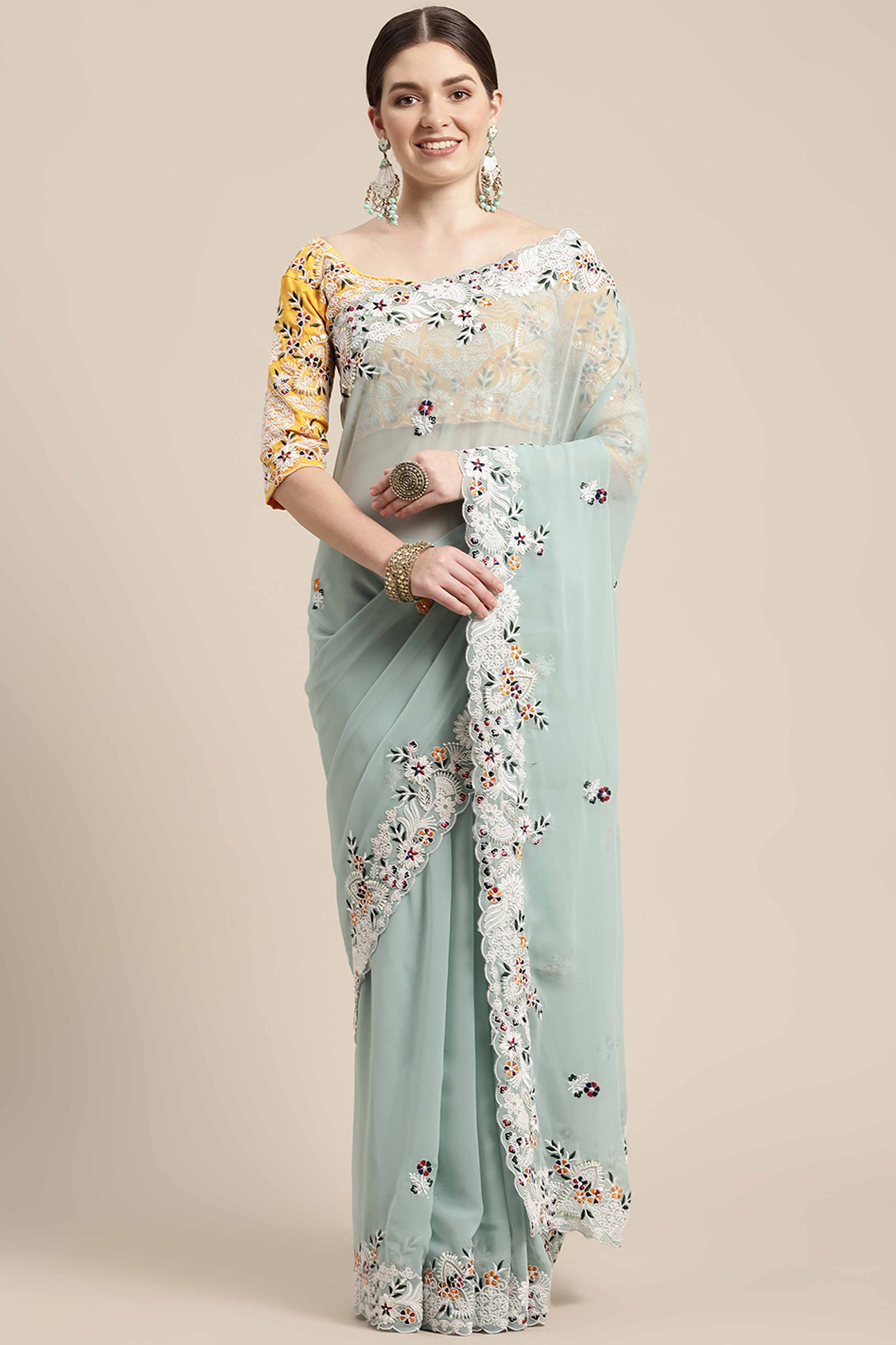 Partywear Mint Green Georgette Saree with Floral Embroidery