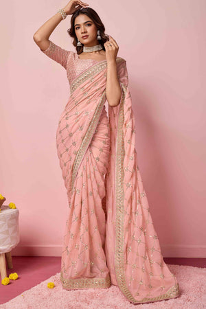 Peach Sequins Embroidered Georgette Saree