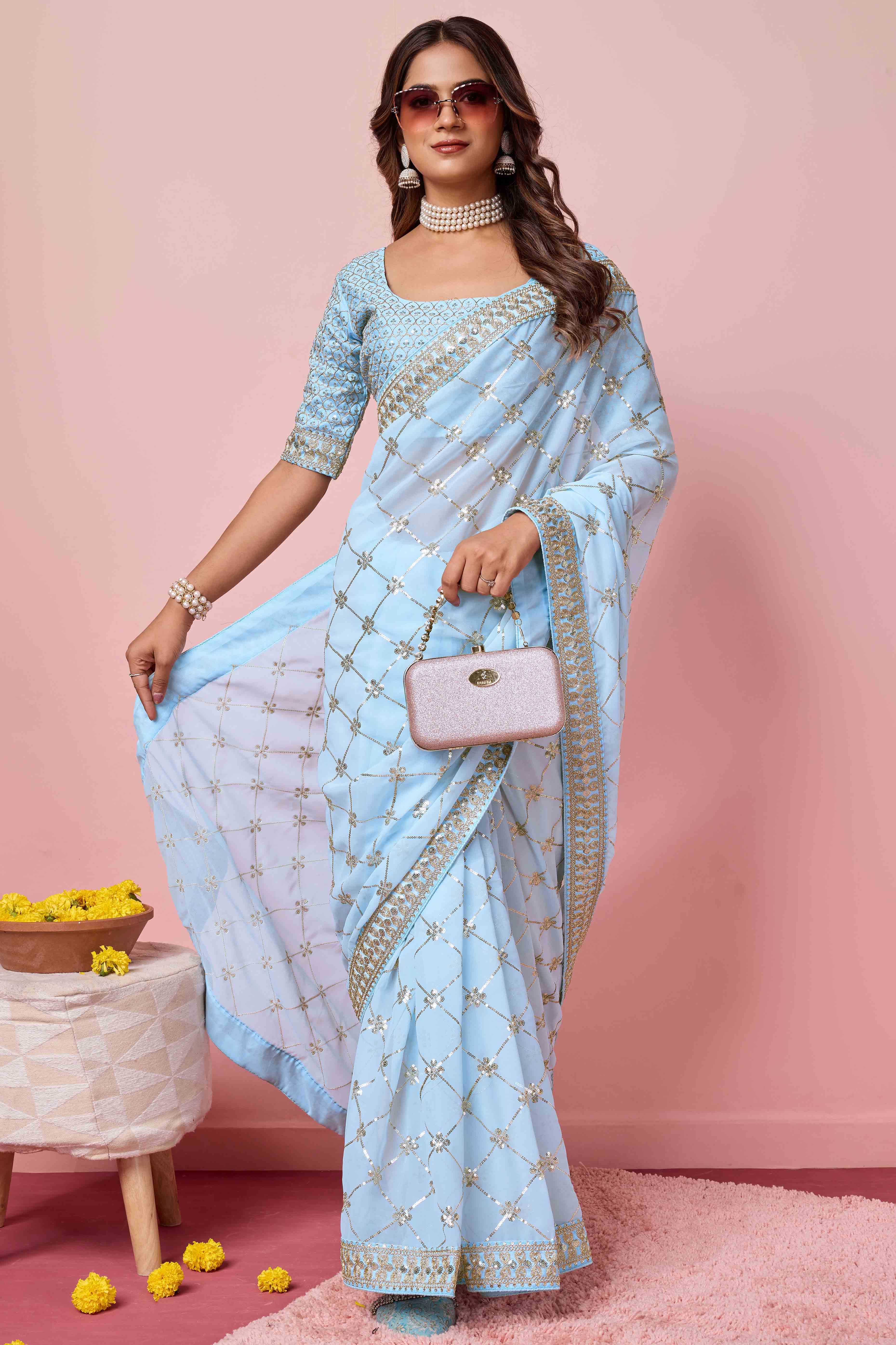 Blue Sequins Embroidered Georgette Saree