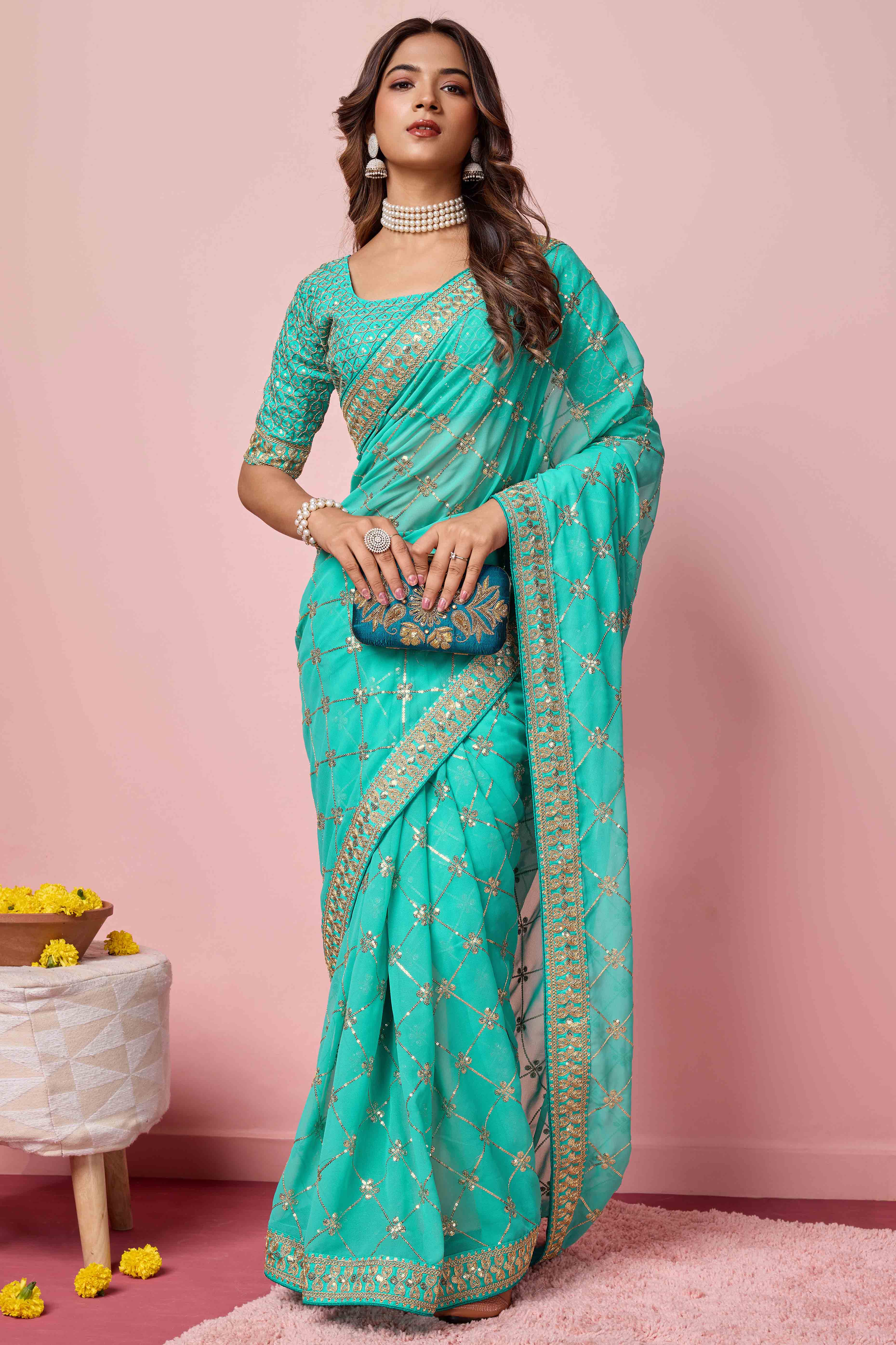 Turquoise Sequins Embroidered Georgette Saree