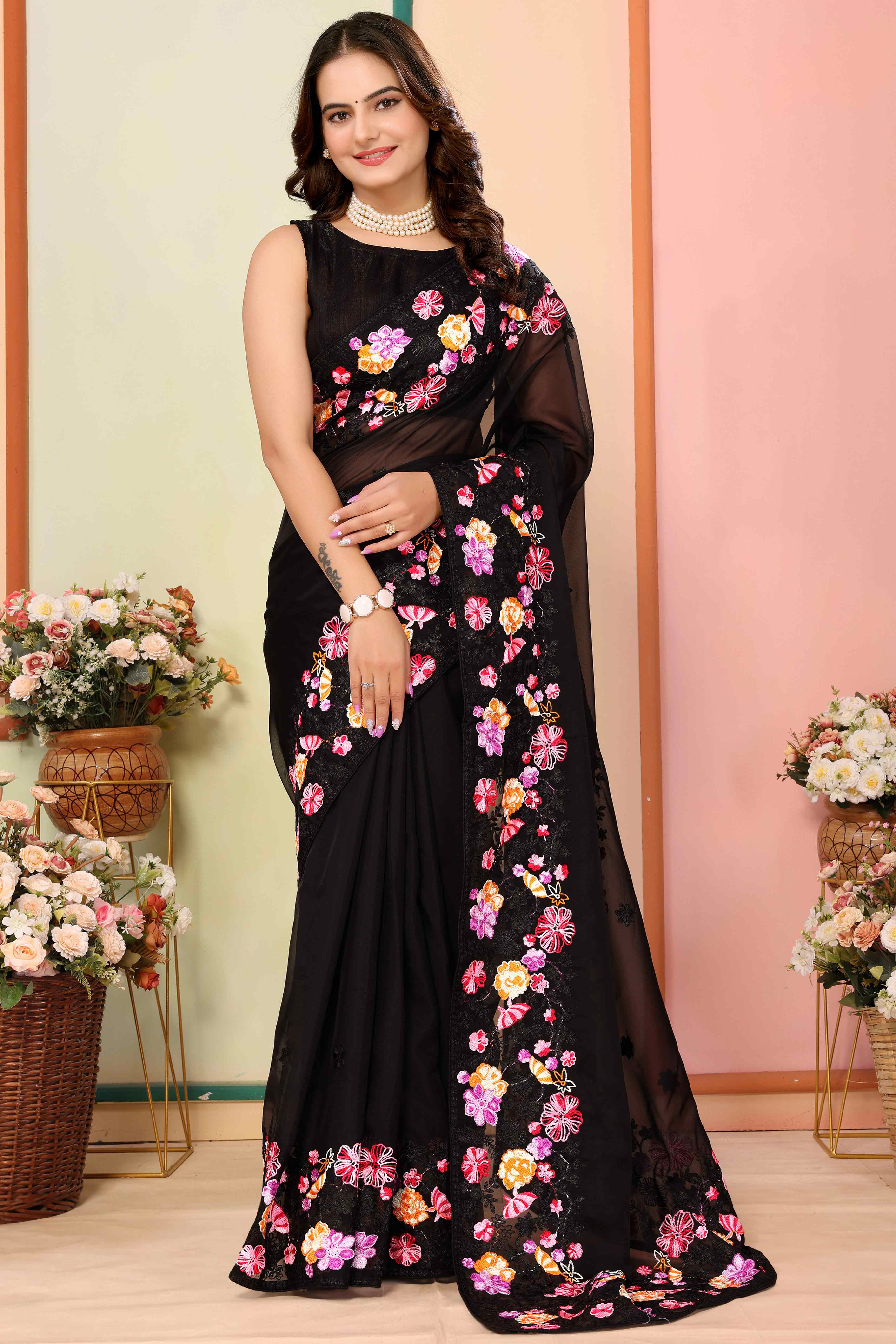 Black Floral Embroidered Organza Saree