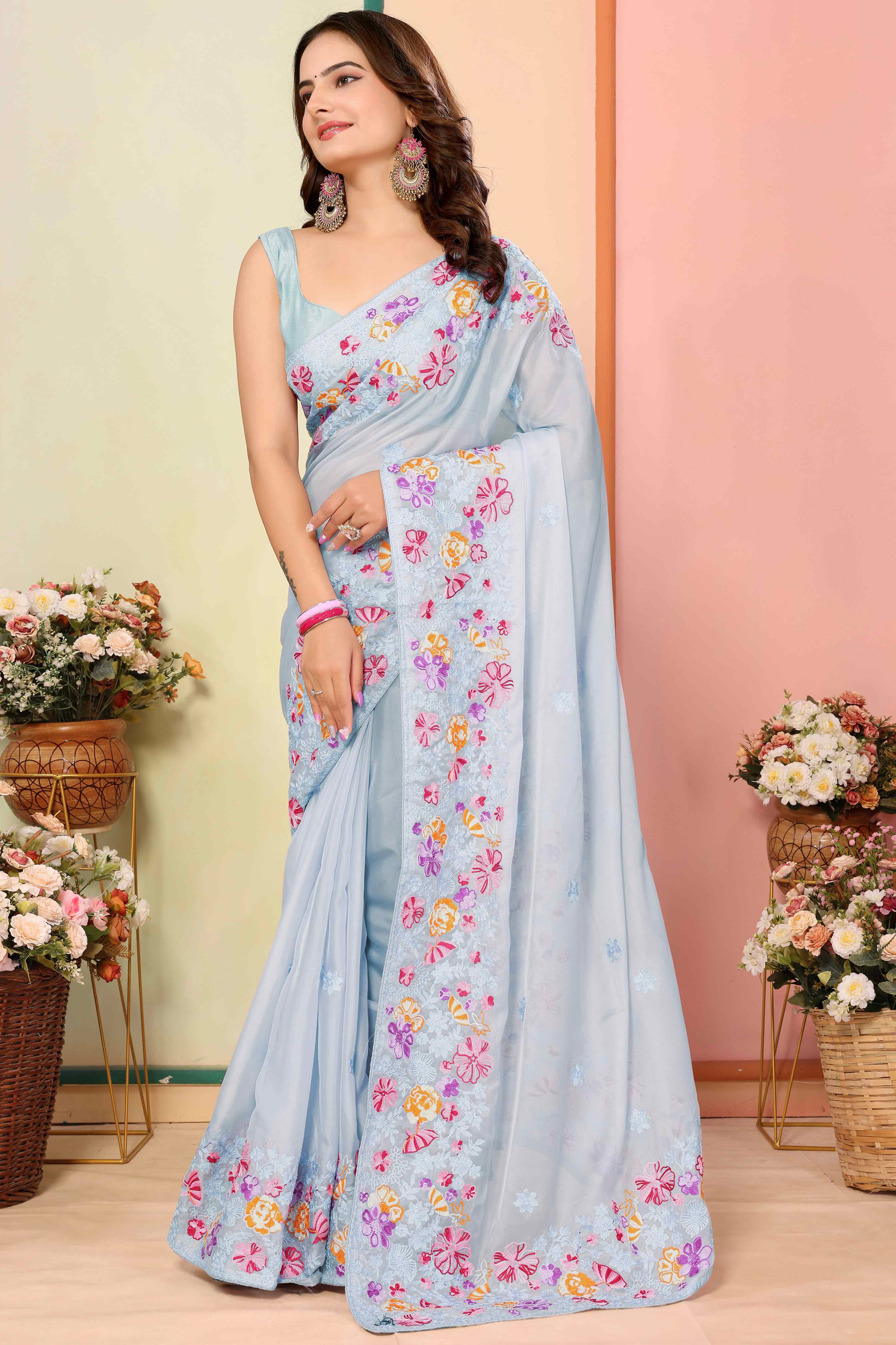 Blue Floral Embroidered Organza Saree