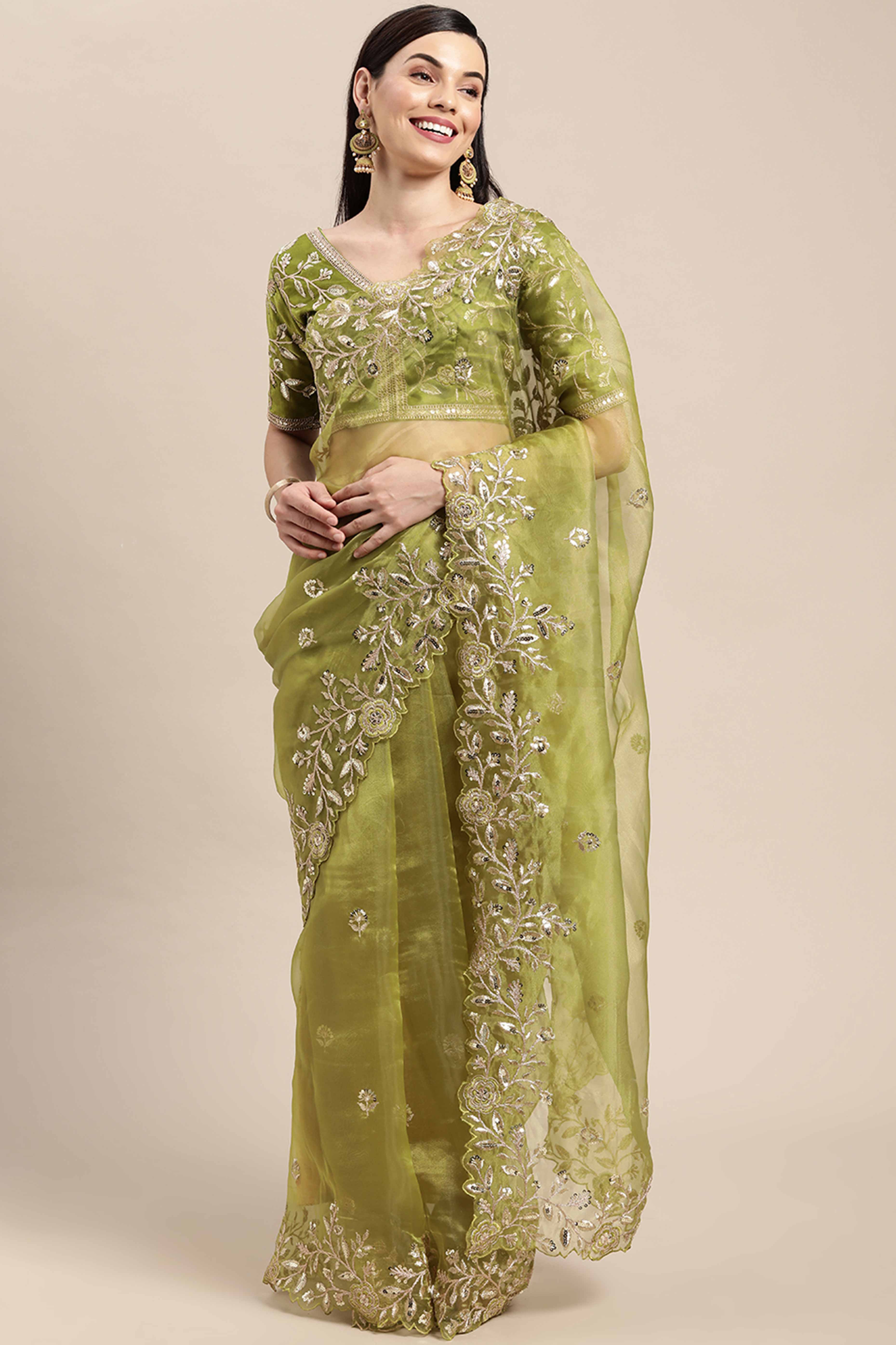 Organza Partywear Saree in Mehendi Green with Floral Embroidery