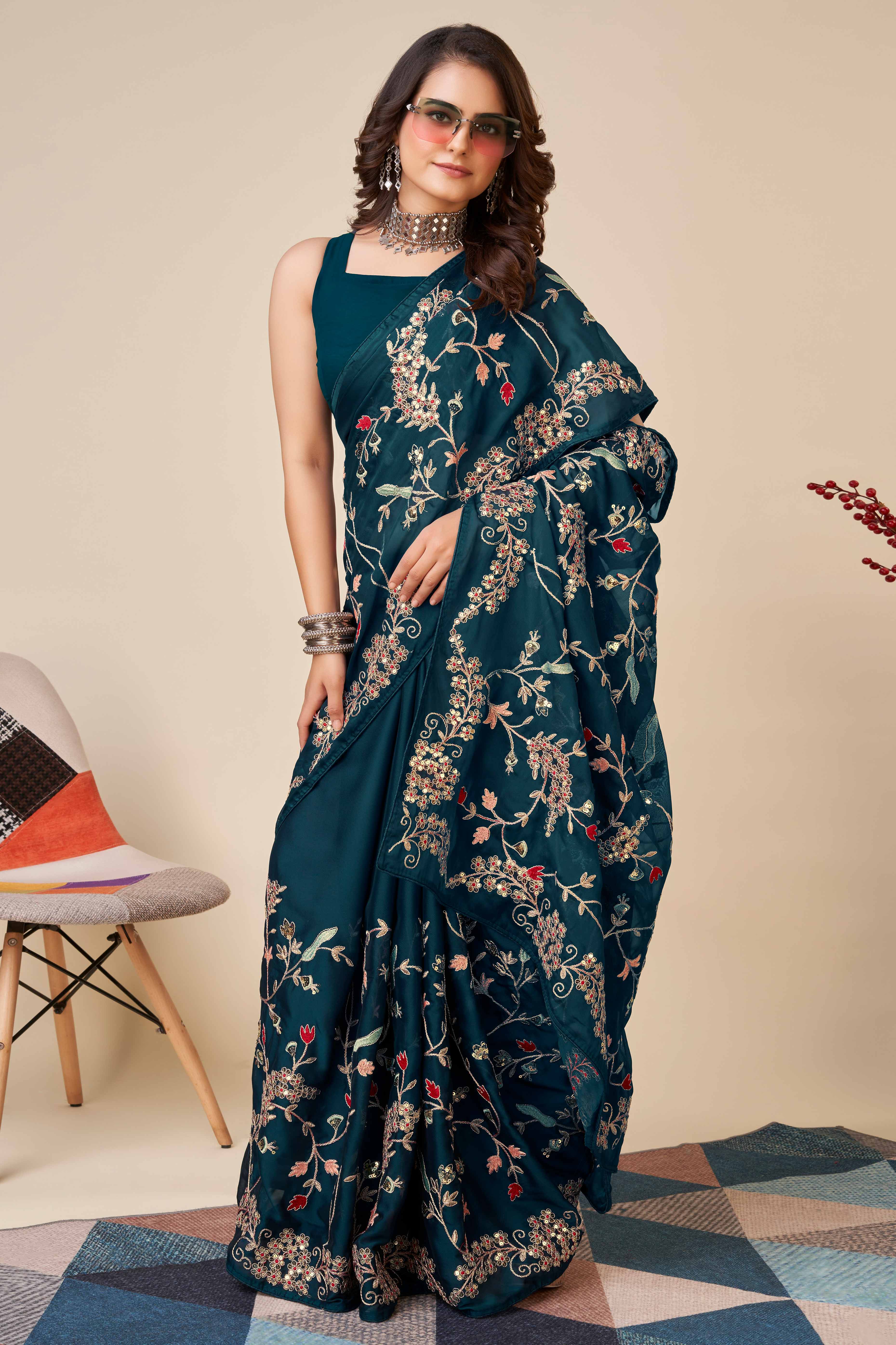 Teal Rangoli Art Silk Saree Featuring Intricate Floral Cording Embroidery & Sparkling Sequin Work