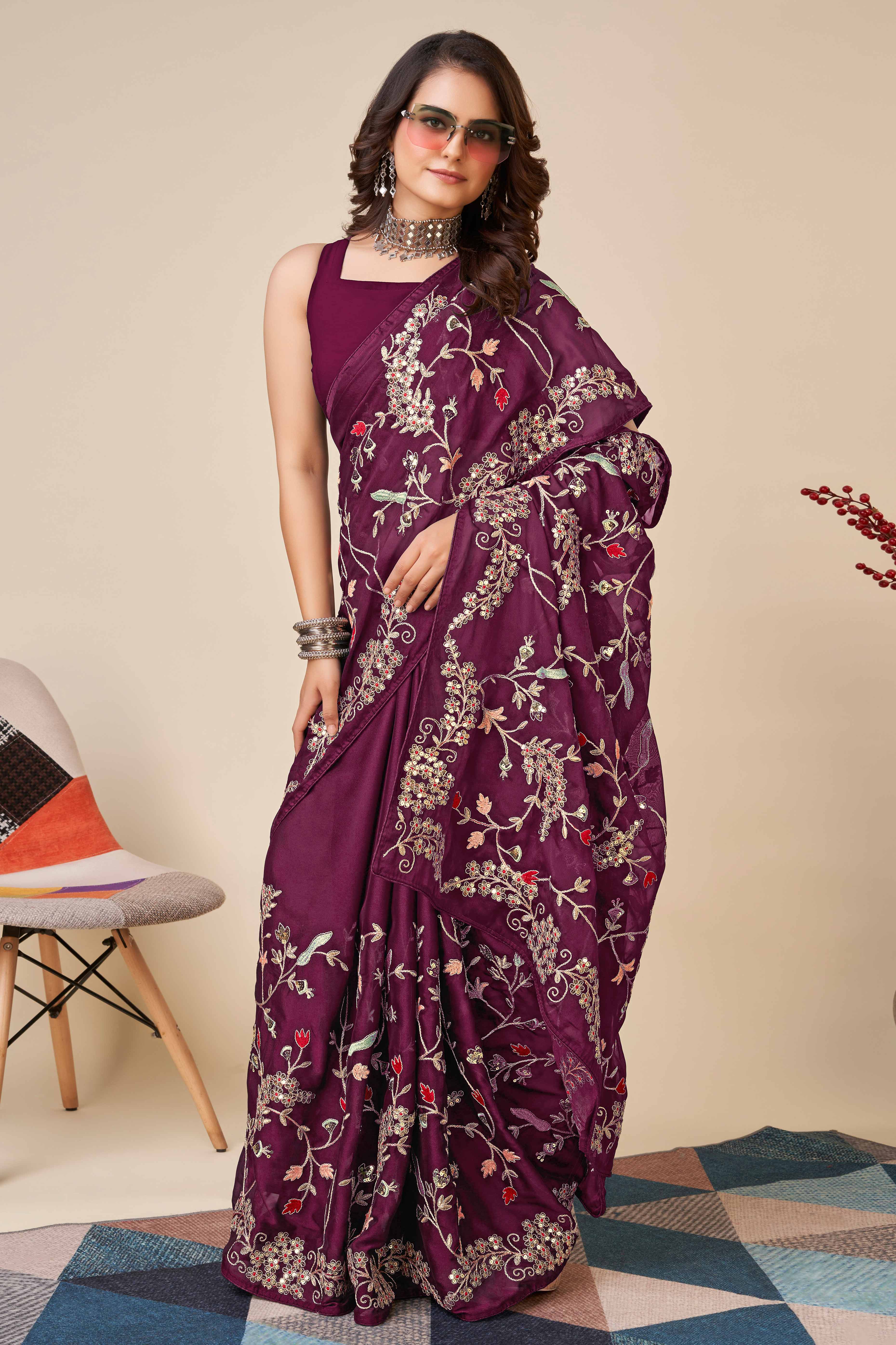Wine Rangoli Art Silk Saree Featuring Intricate Floral Cording Embroidery & Sparkling Sequin Work
