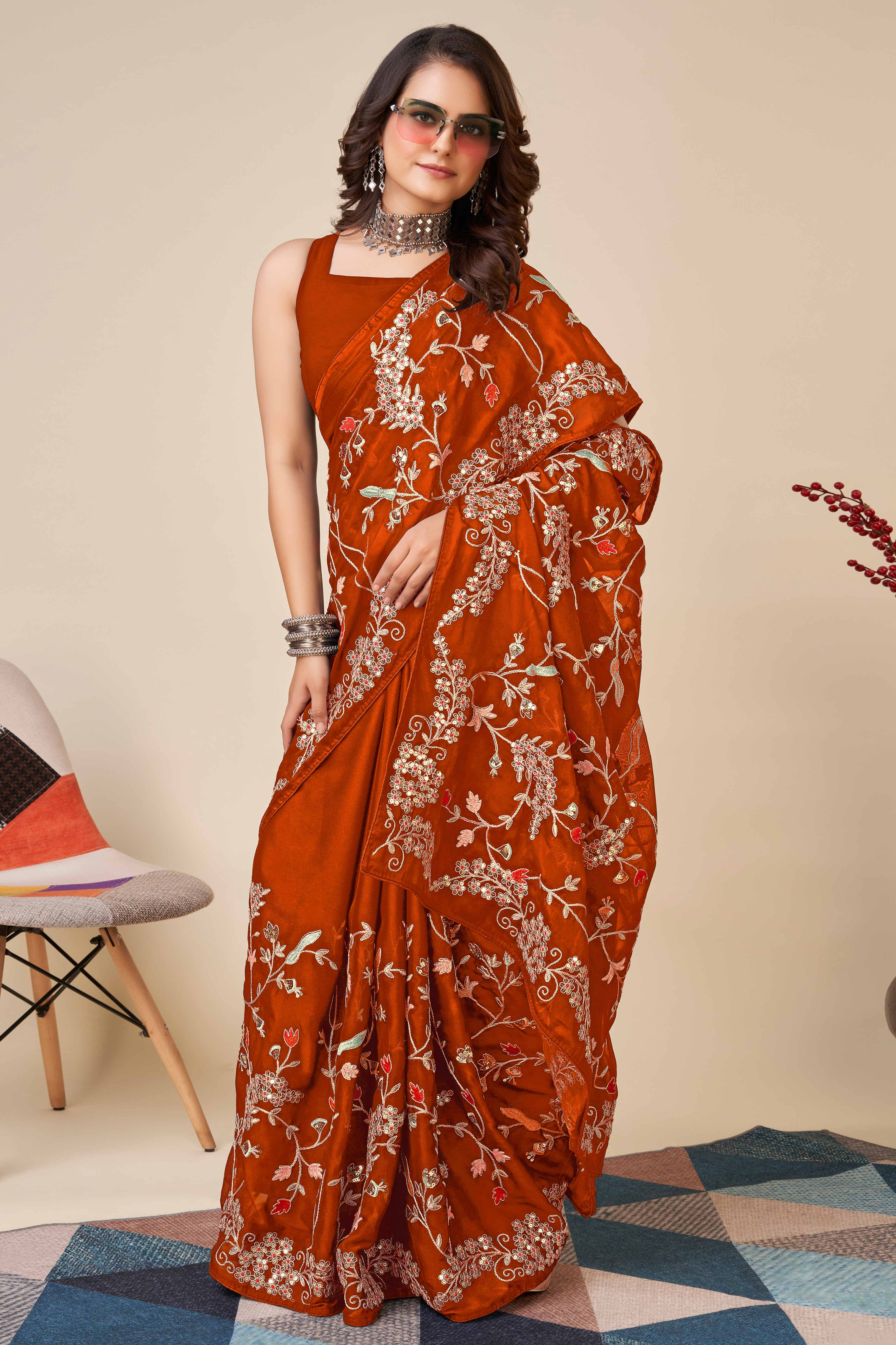 Orange Rangoli Art Silk Saree Featuring Intricate Floral Cording Embroidery & Sparkling Sequin Work