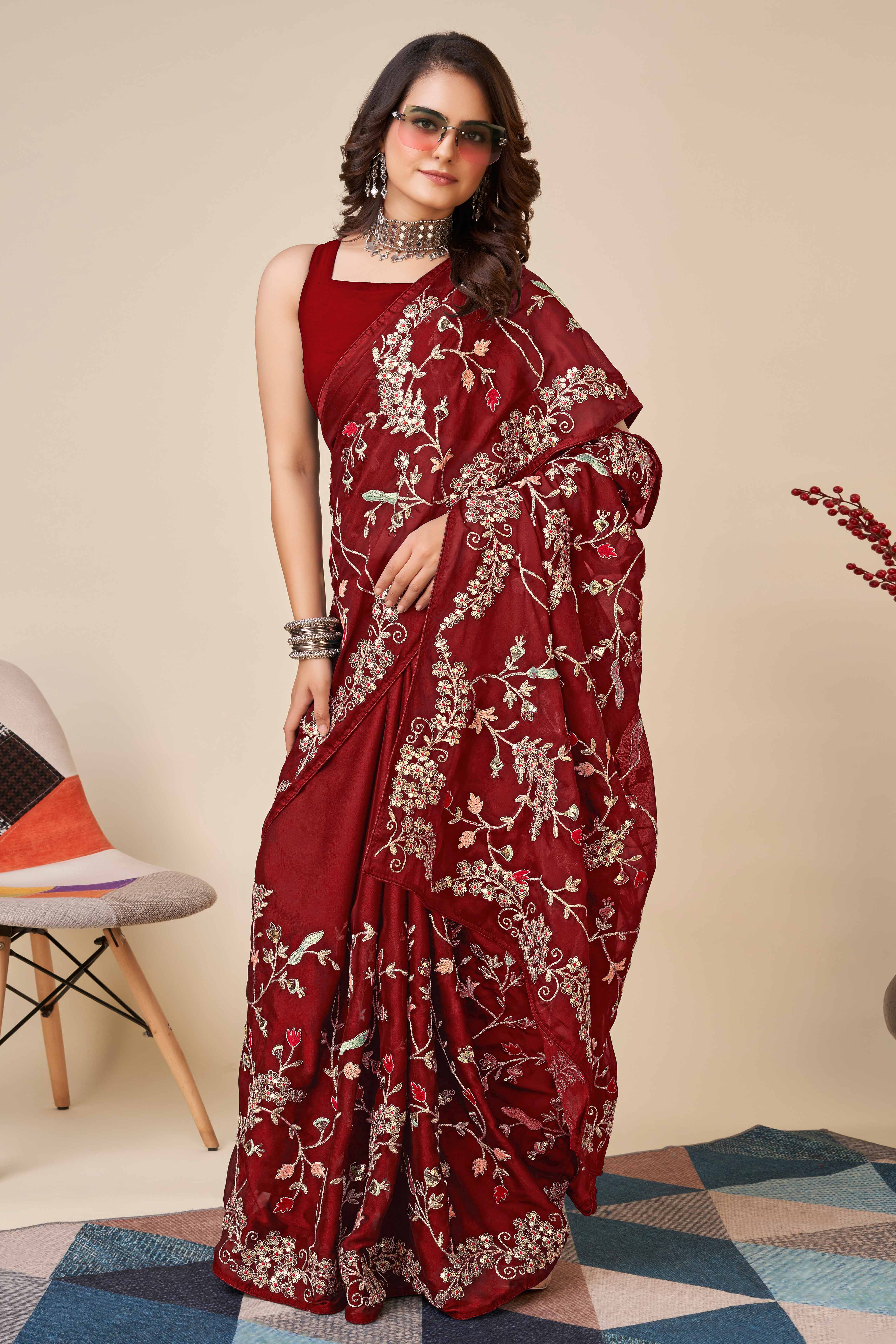 Maroon Rangoli Art Silk Saree Featuring Intricate Floral Cording Embroidery & Sparkling Sequin Work