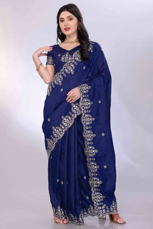 Blue Zari Embroidered Saree In Vichitra Silk With Shimmering Floral Sequins Work