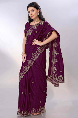 Wine Zari Embroidered Saree In Vichitra Silk With Shimmering Floral Sequins Work