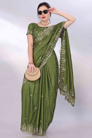 Green Zari Embroidered Saree In Vichitra Silk With Shimmering Floral Sequins Work