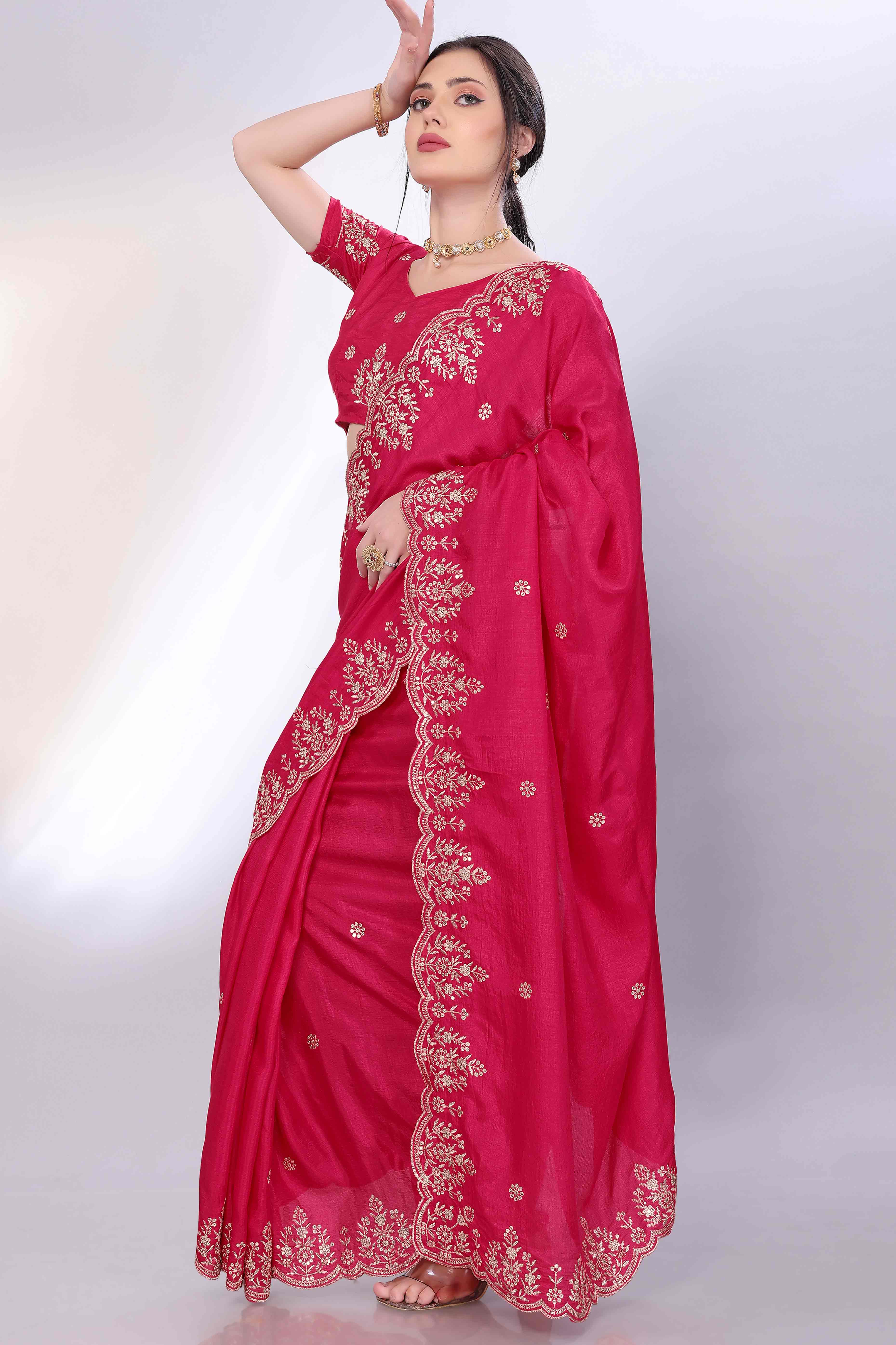 Pink Zari Embroidered Saree In Vichitra Silk With Shimmering Floral Sequins Work