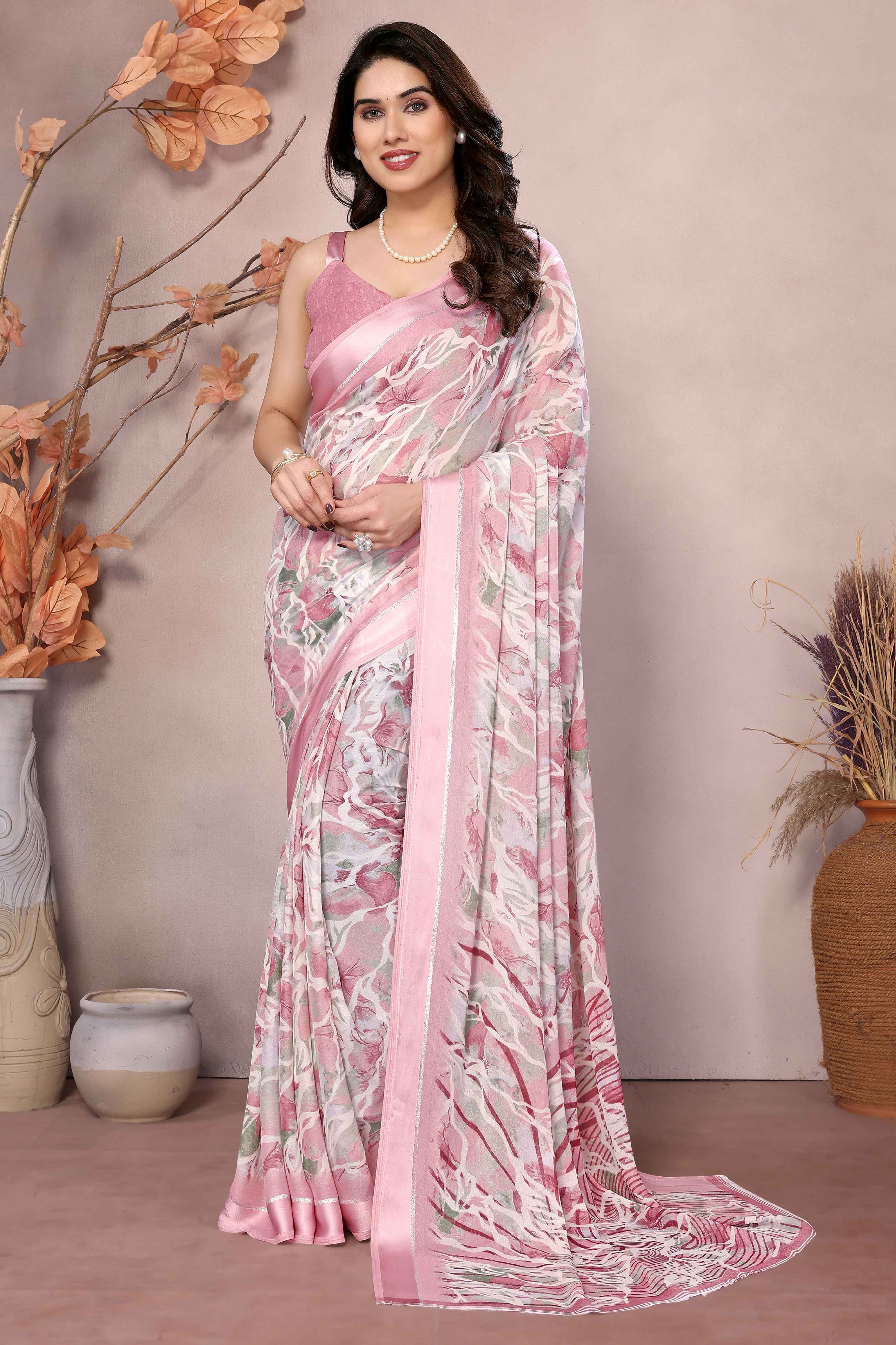 Peach Floral Printed Moss Art Silk Saree