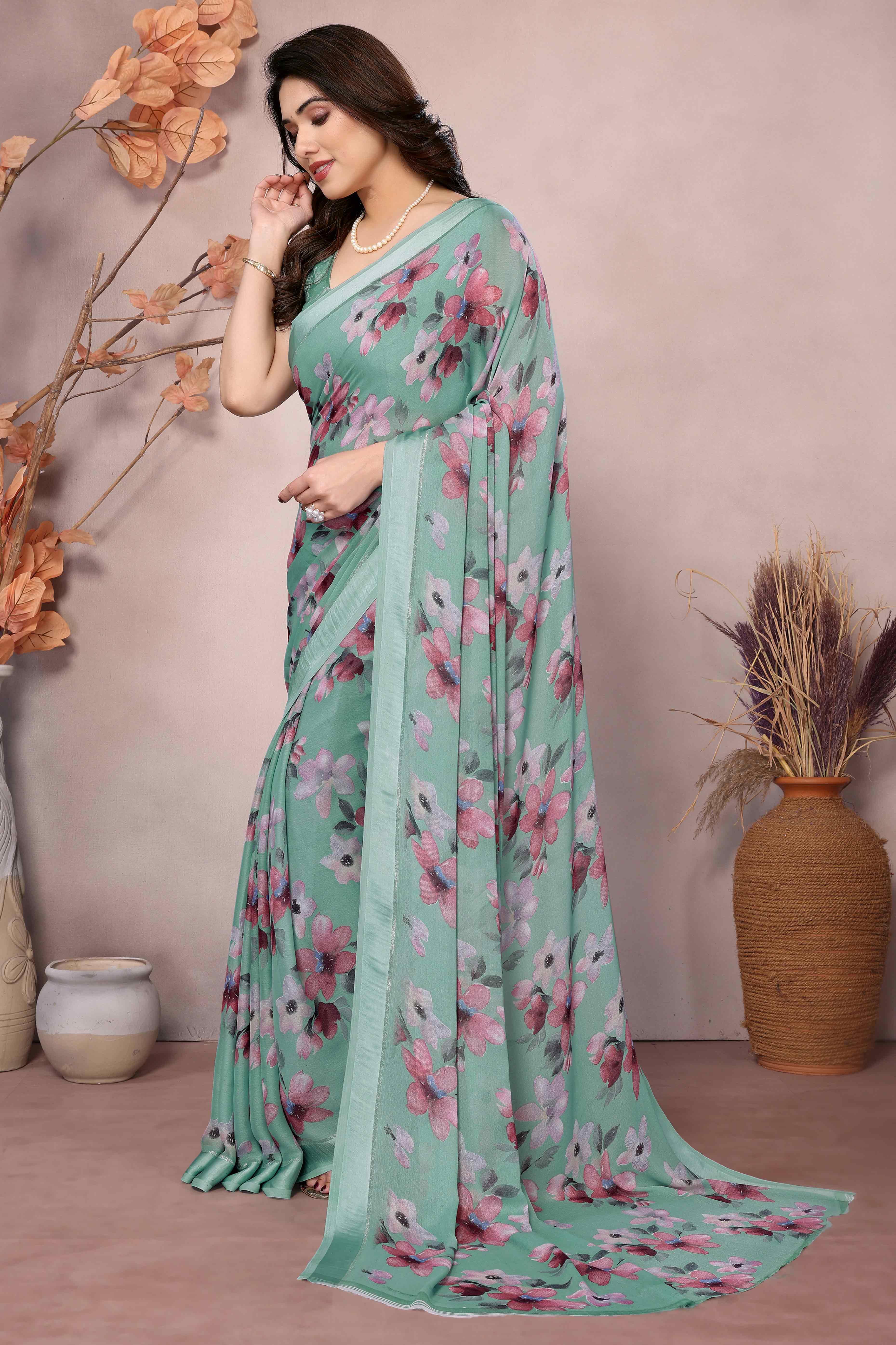 Sea Green Floral Printed Moss Art Silk Saree