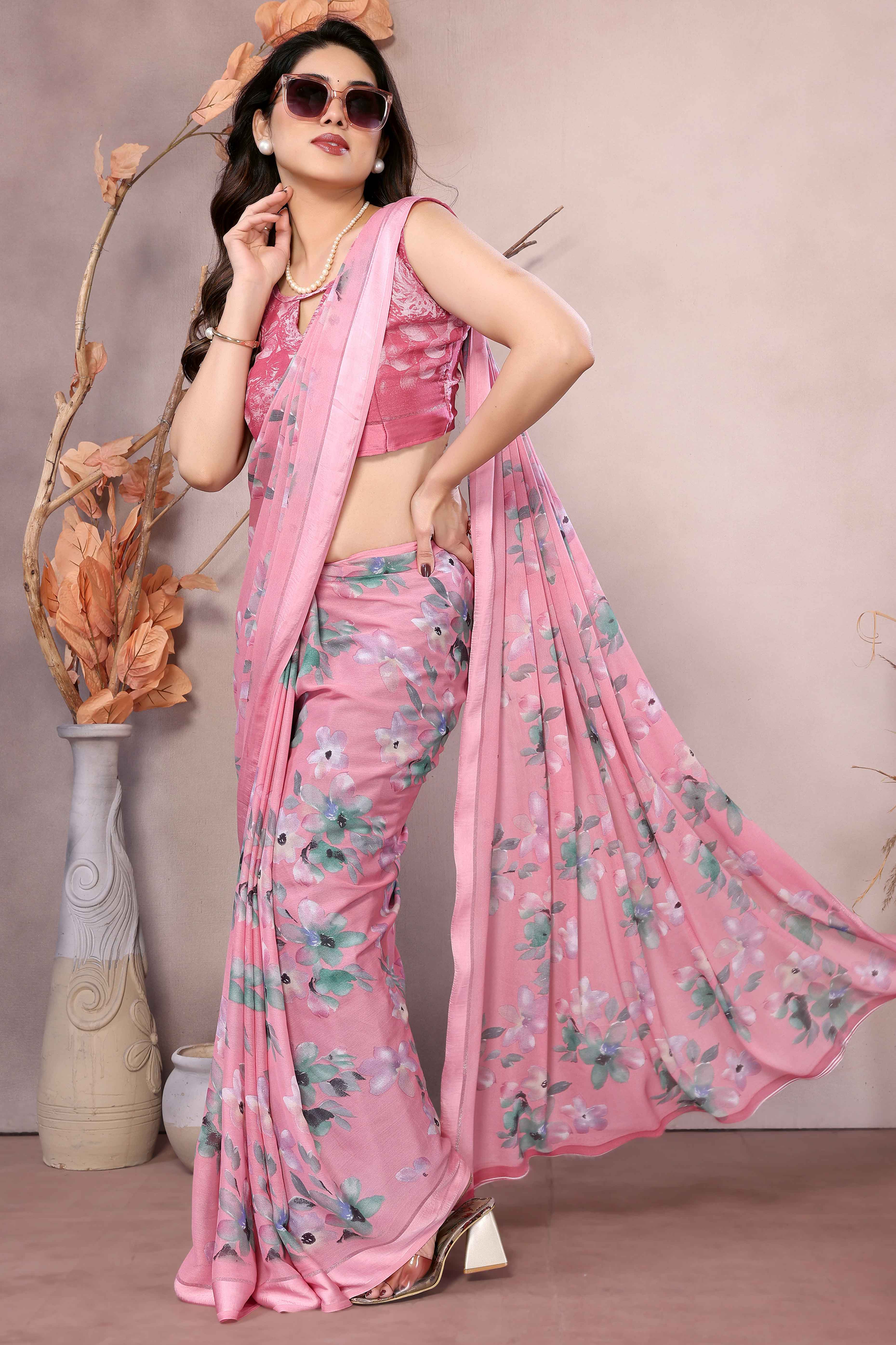 Pink Floral Printed Moss Art Silk Saree