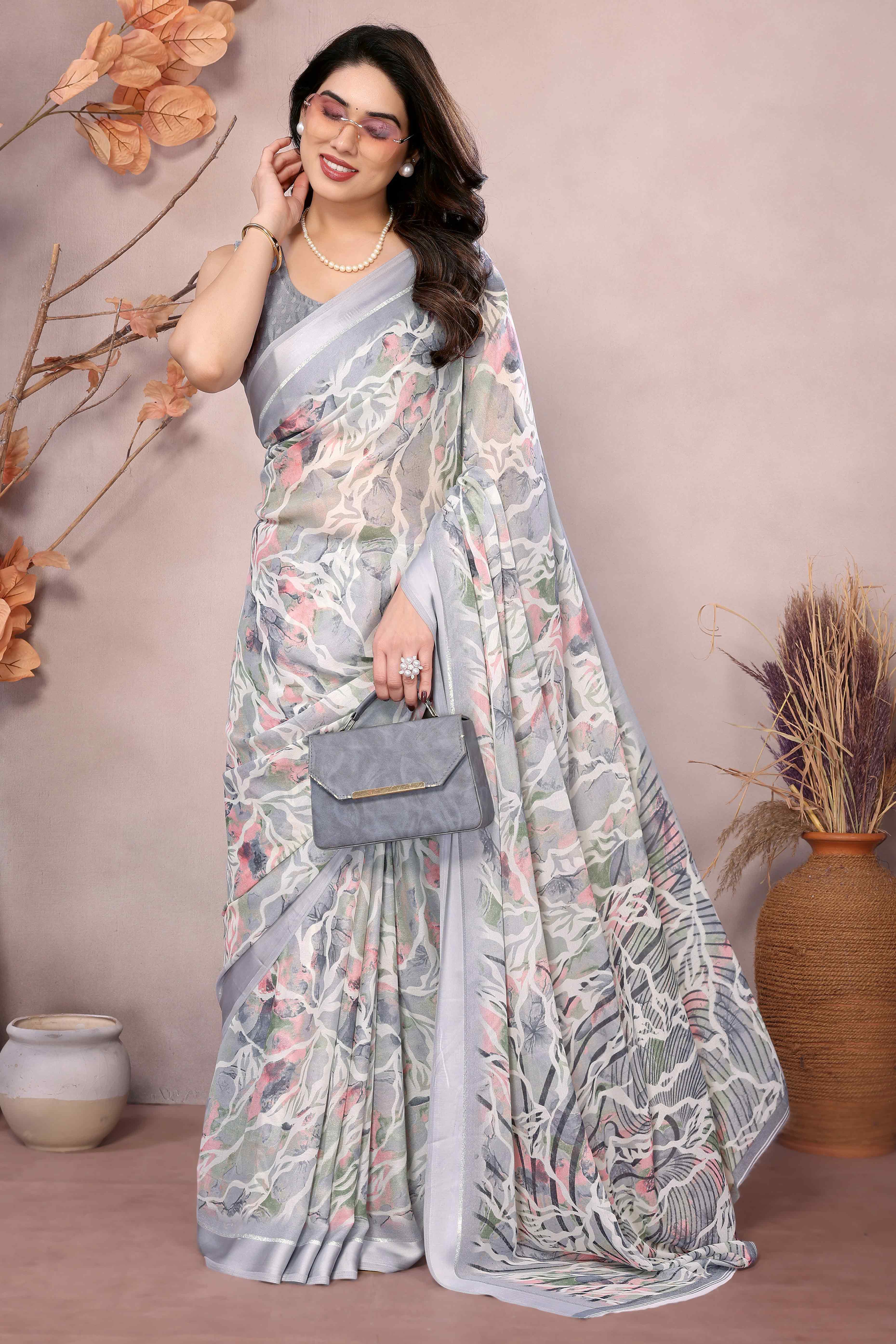 Grey Floral Printed Moss Art Silk Saree