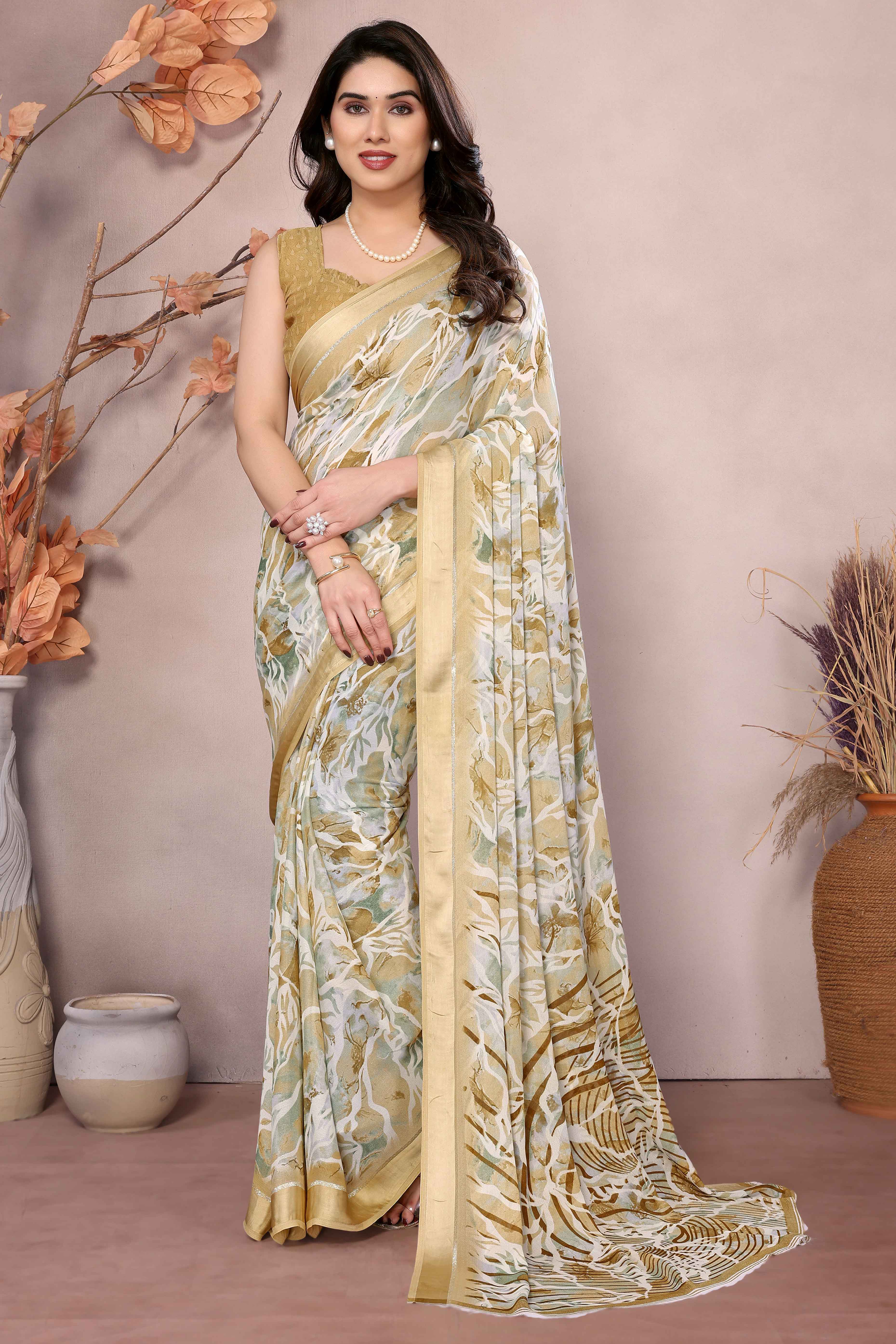 Dark Mustard Floral Printed Moss Art Silk Saree