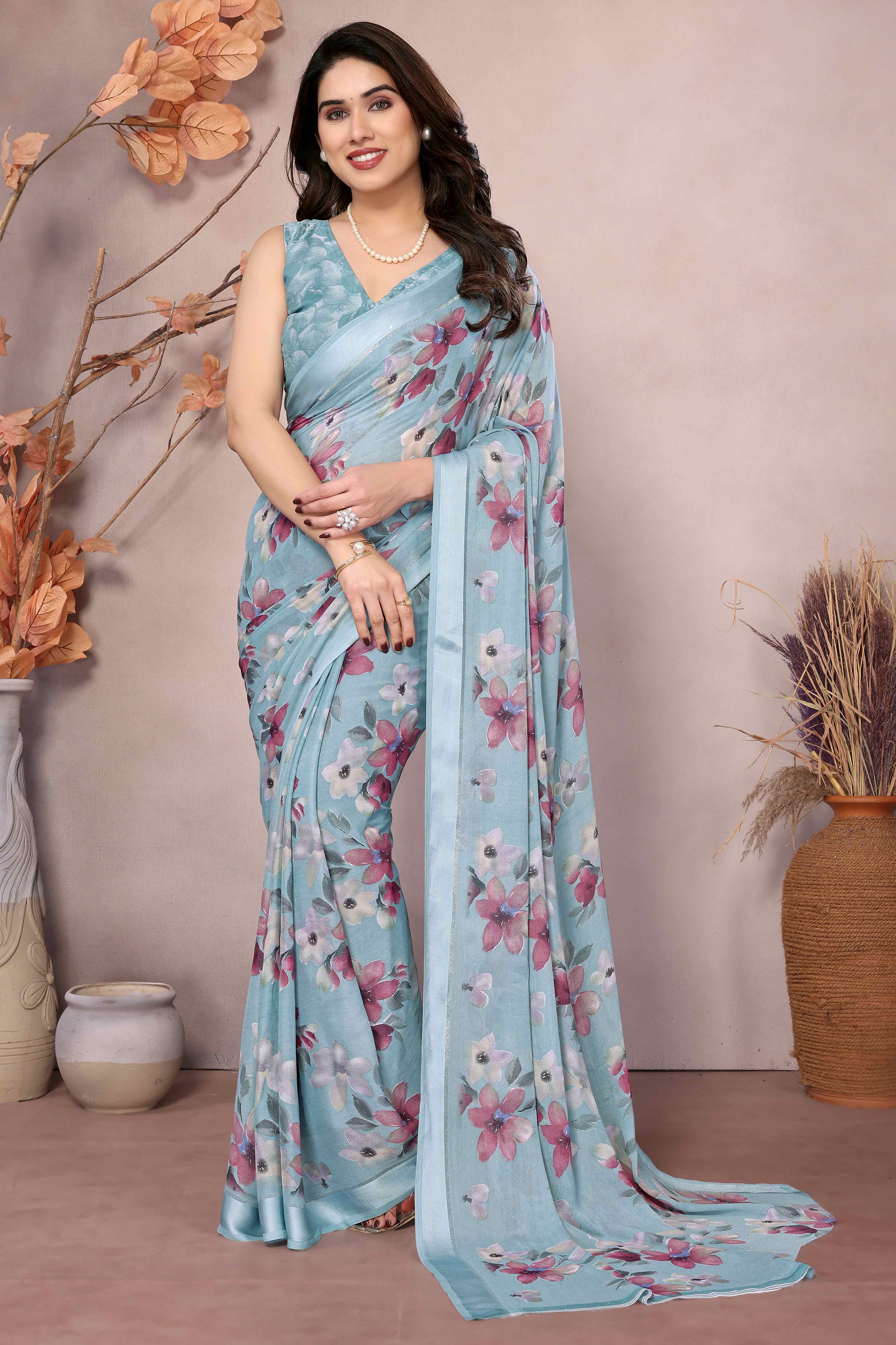 Blue Floral Printed Moss Art Silk Saree