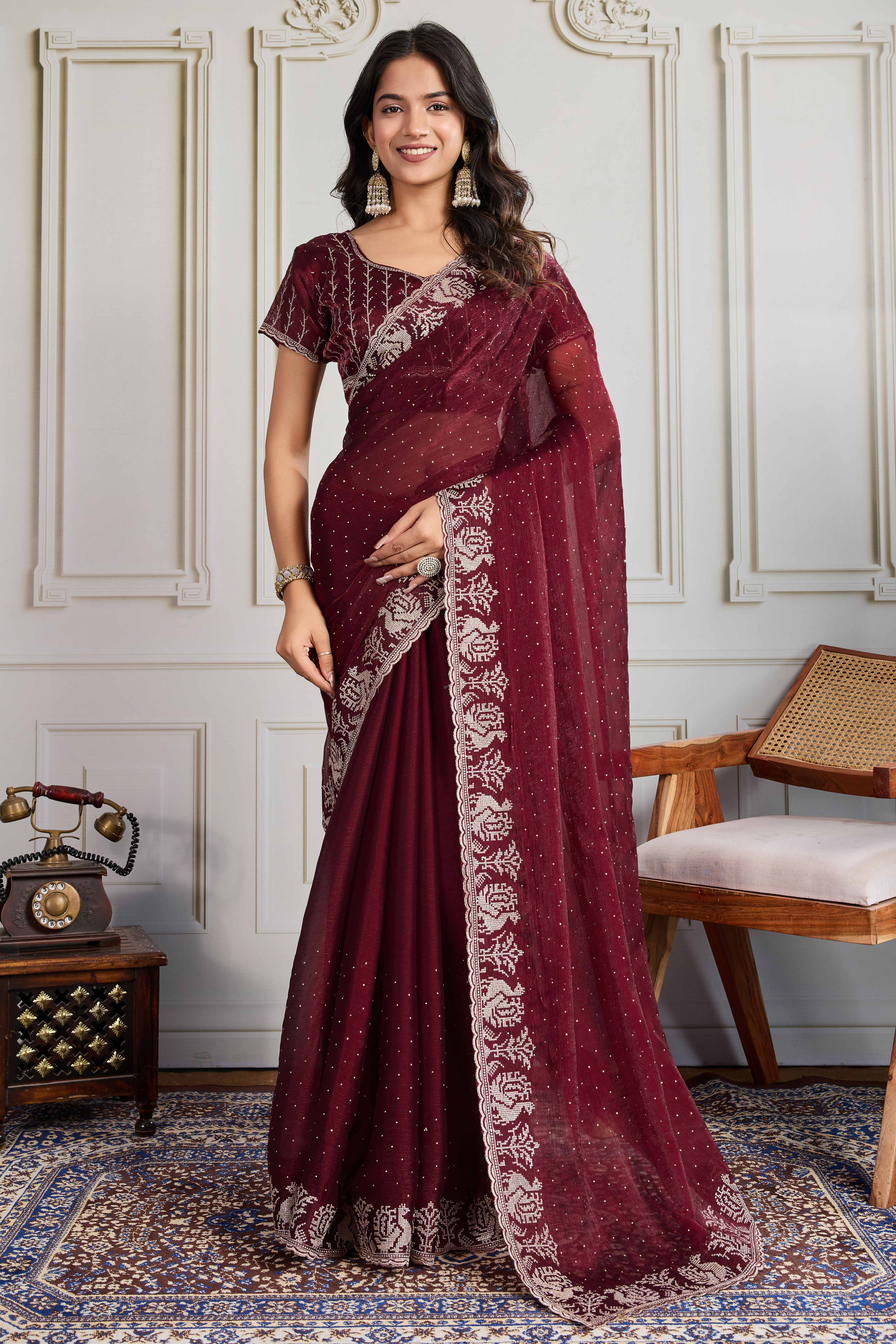 Maroon Festive Wear Silk Blend Saree with Embroidery & Stones