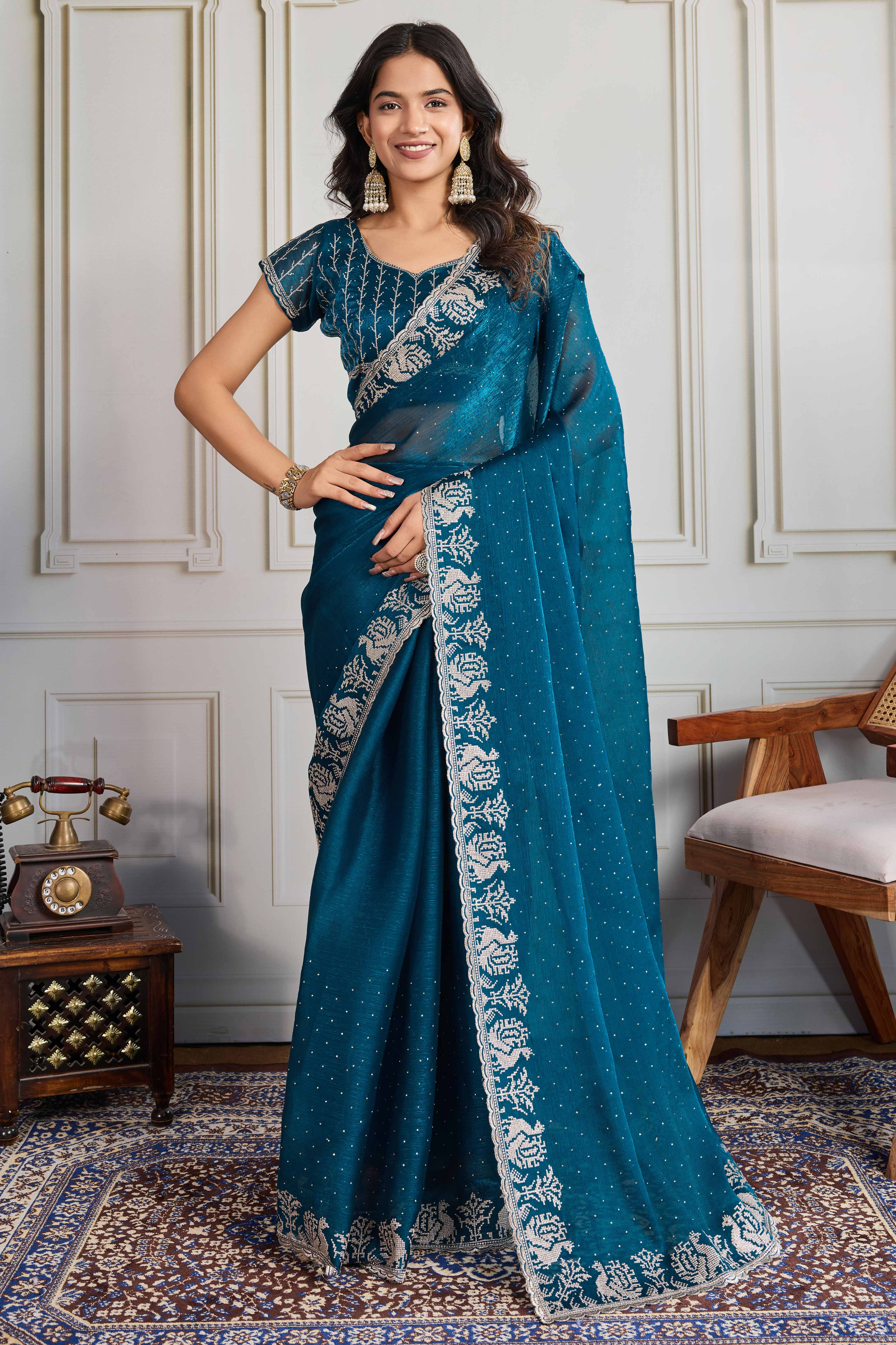 Teal Festive Wear Silk Blend Saree with Embroidery & Stones