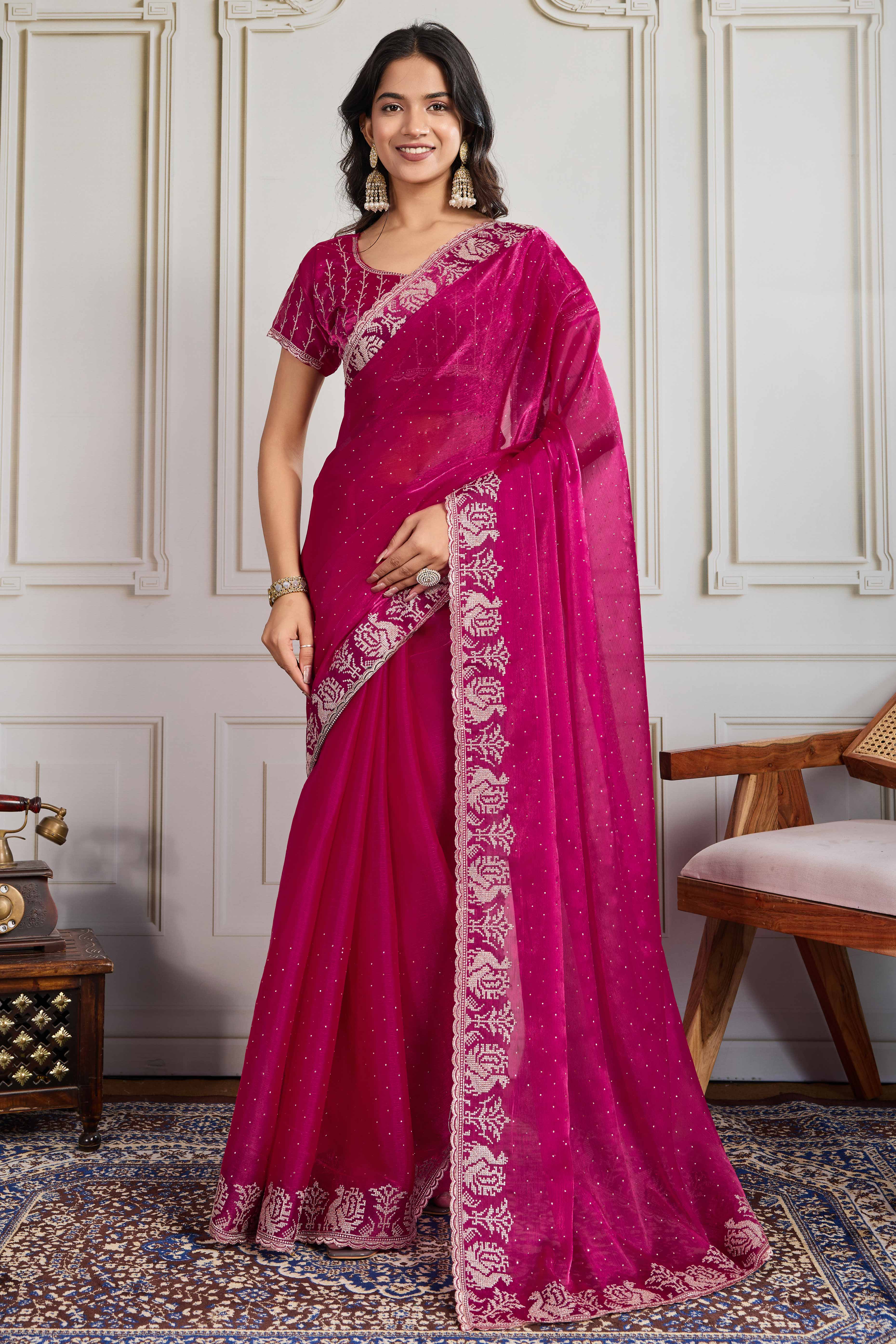 Pink Festive Wear Silk Blend Saree with Embroidery & Stones