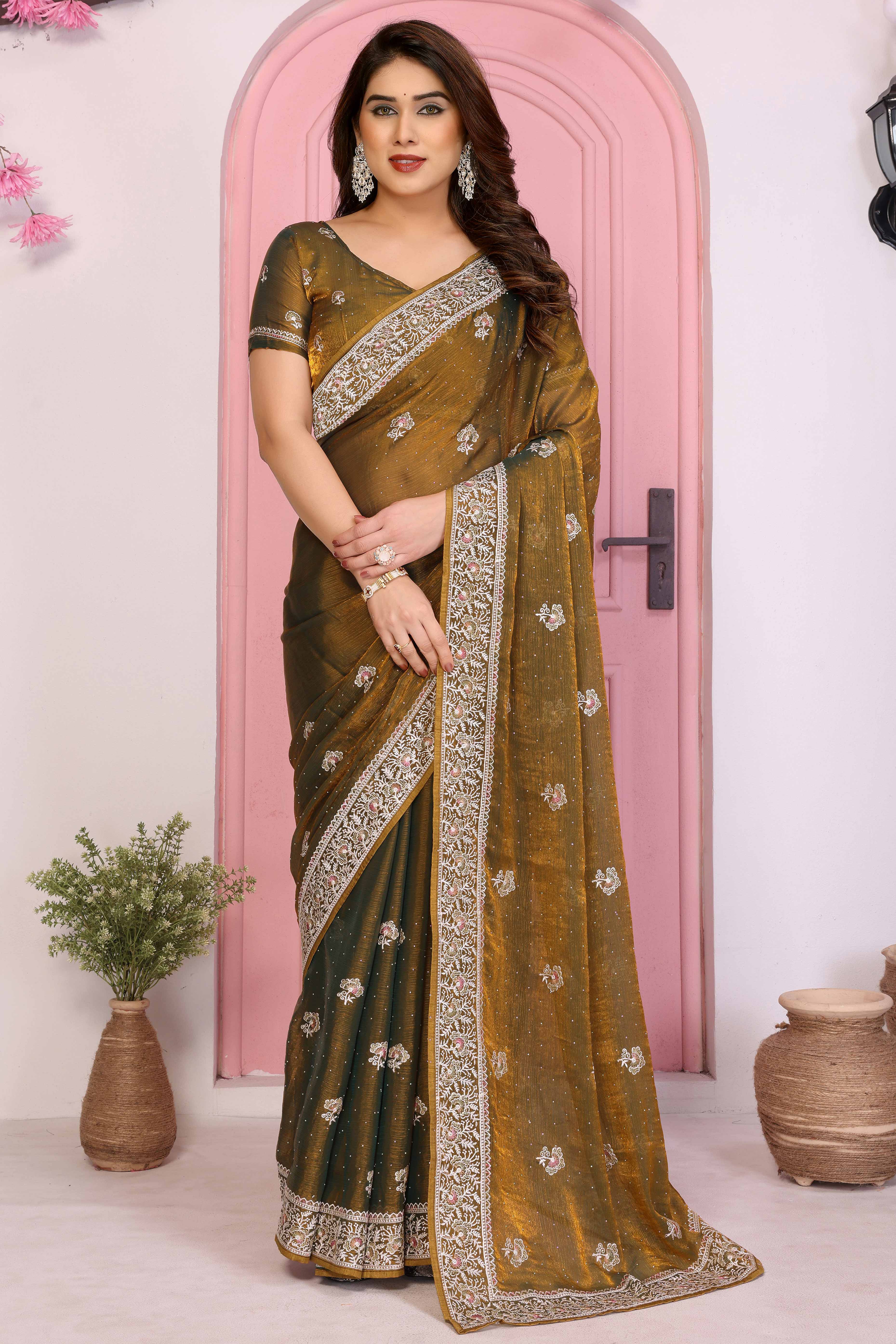 Olive Chiffon Saree with Intricate Embroidery and Floral Patterns